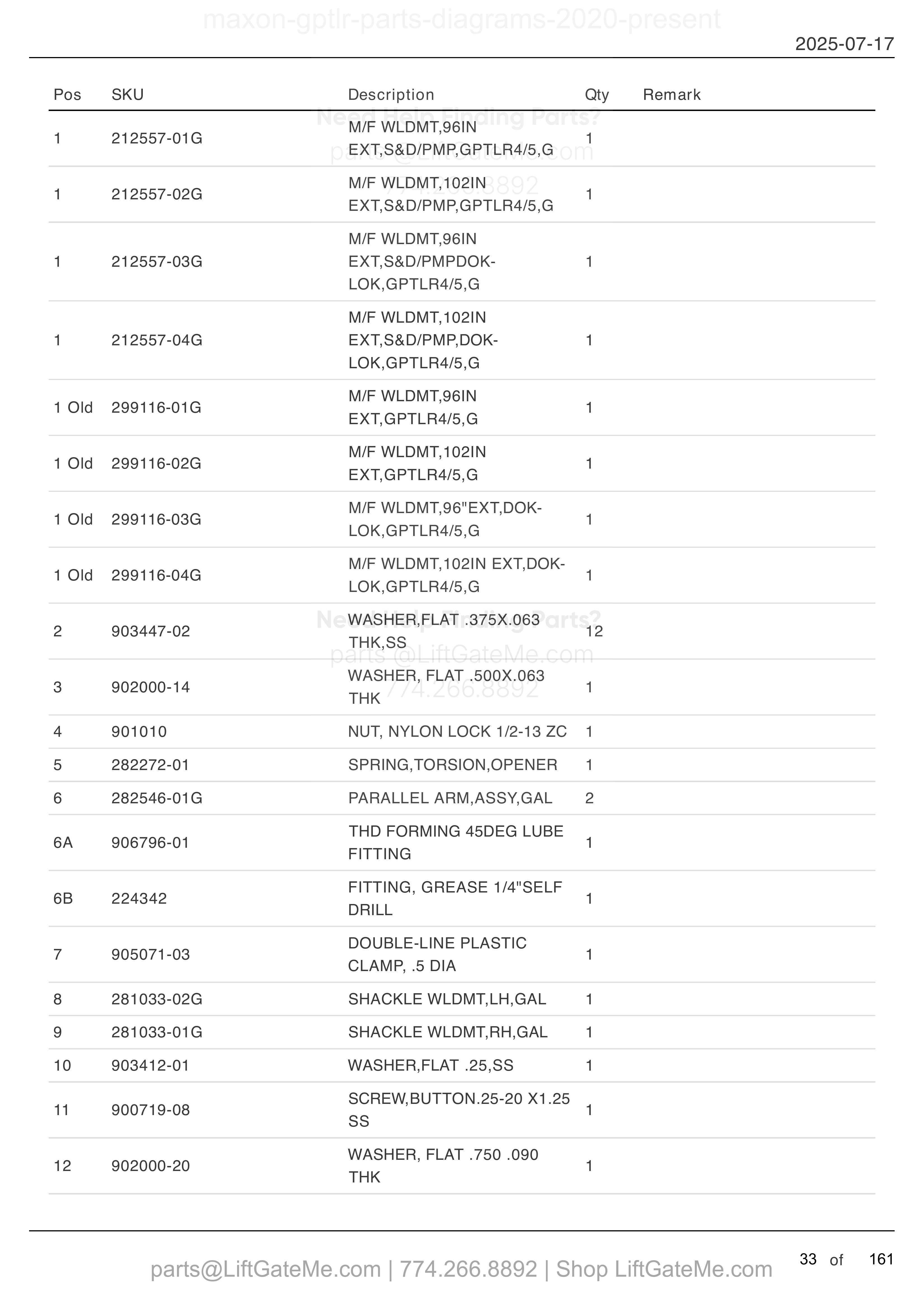 MAIN ASSEMBLY: GPTLR-44 AND GPTLR-55 (FOR STEEL PLATFORMS) parts table