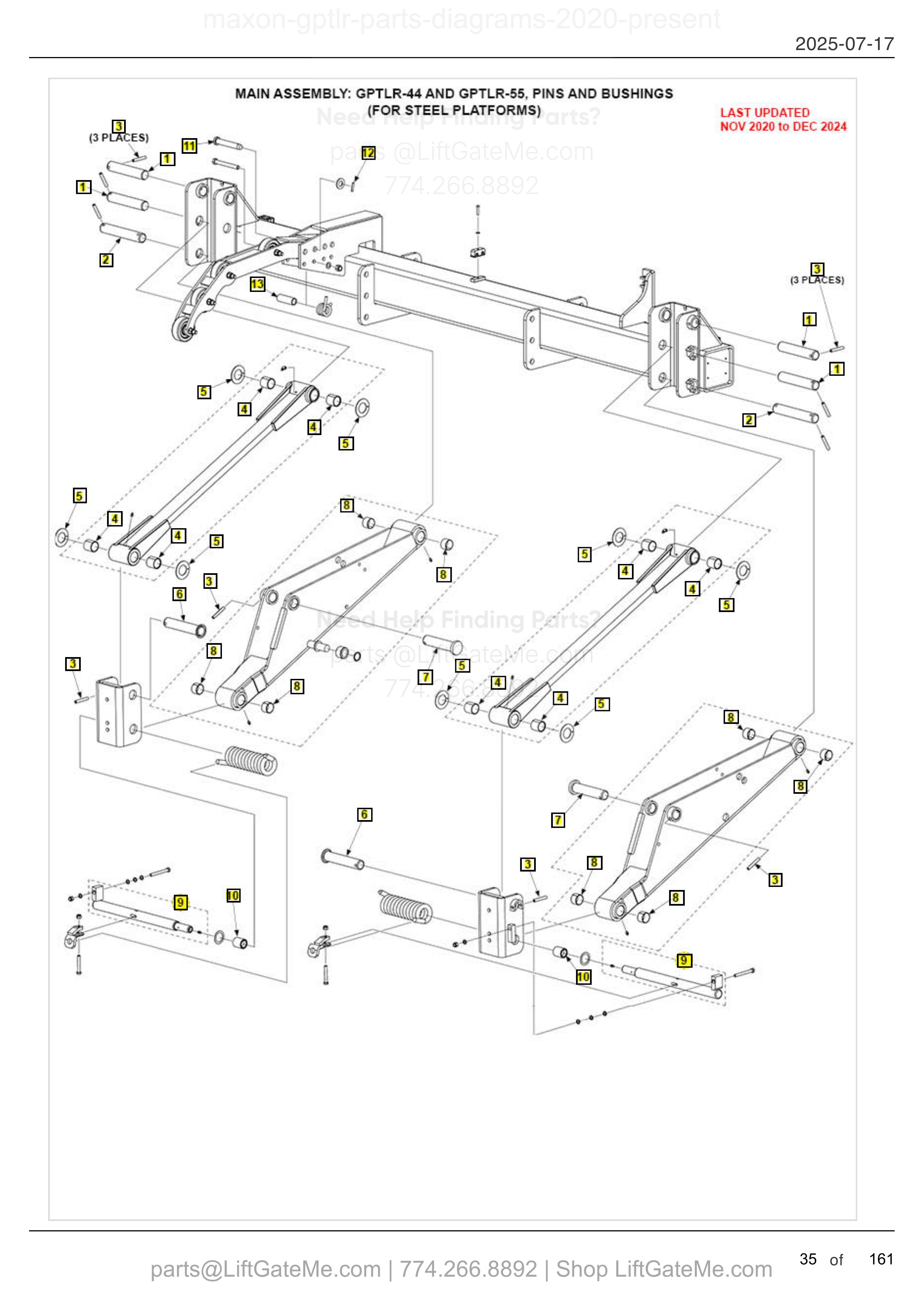MAIN ASSEMBLY: GPTLR-44 AND GPTLR-55, PINS AND BUSHINGS (FOR STEEL PLATFORMS) diagram