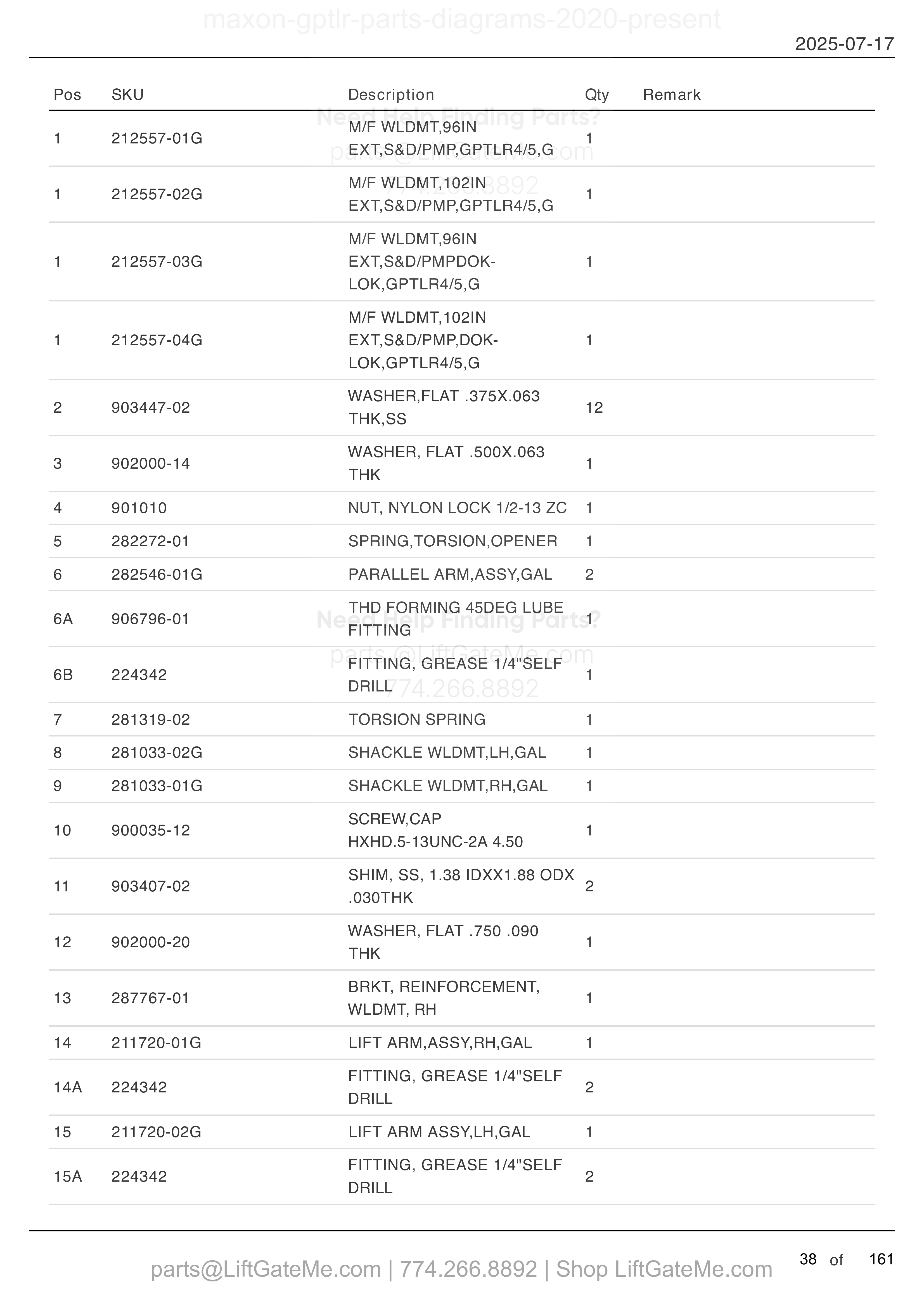 MAIN ASSEMBLY: GPTLR-44 AND GPTLR-55 (FOR ALUMINUM PLATFORMS) parts table