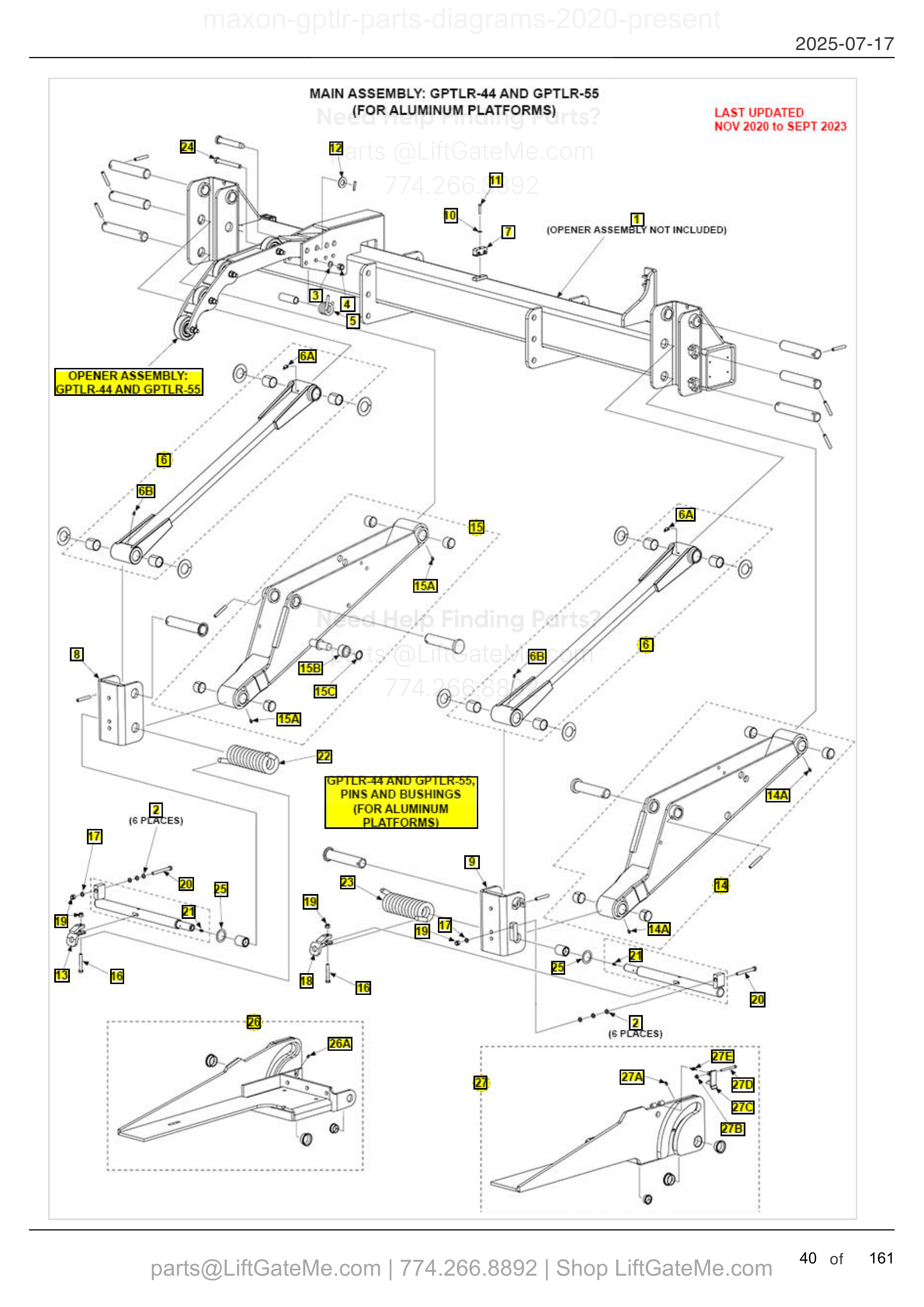 MAIN ASSEMBLY: GPTLR-44 AND GPTLR-55 (FOR ALUMINUM PLATFORMS) diagram