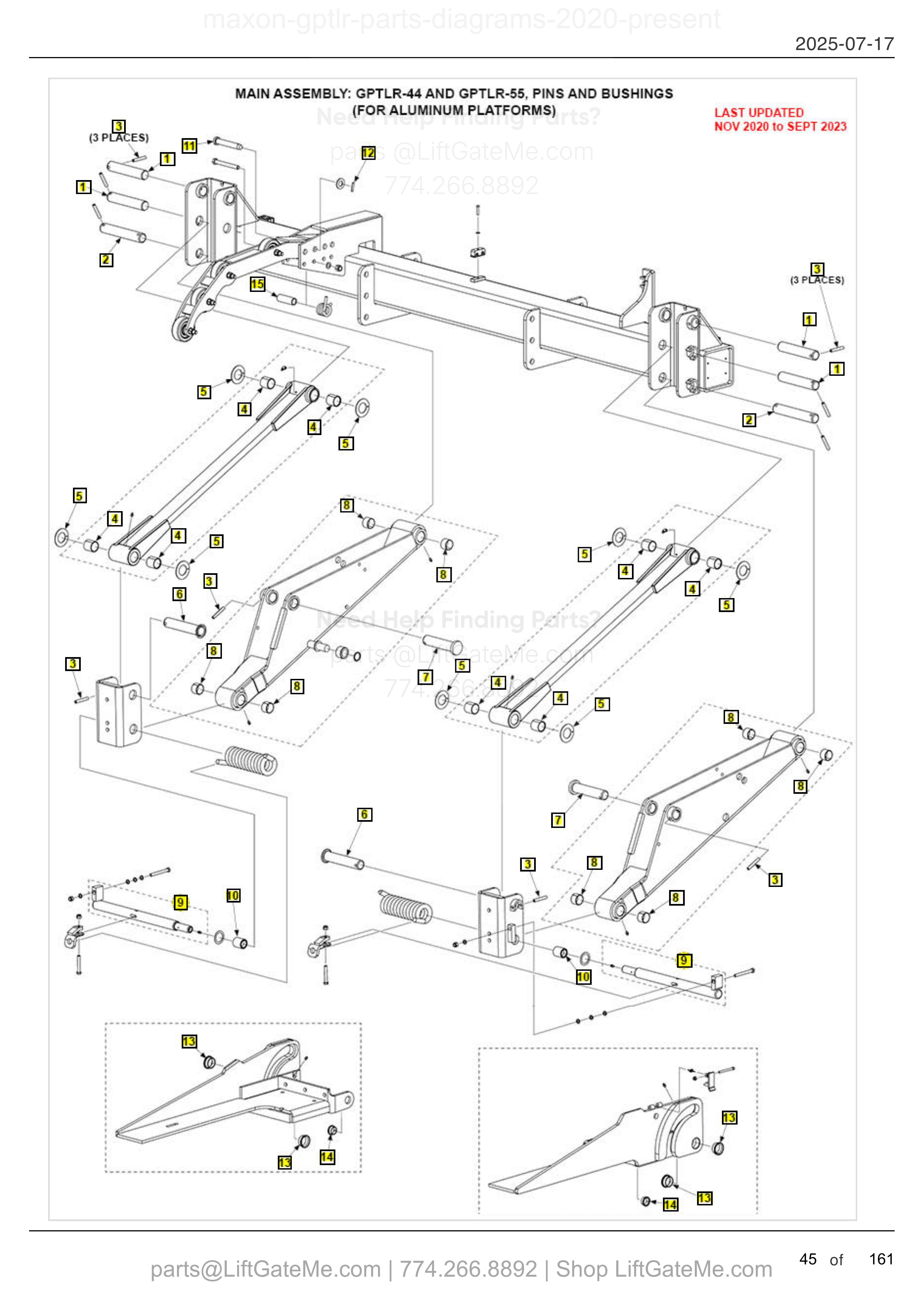 MAIN ASSEMBLY: GPTLR-44 AND GPTLR-55, PINS AND BUSHINGS (FOR ALUMINUM PLATFORMS) diagram