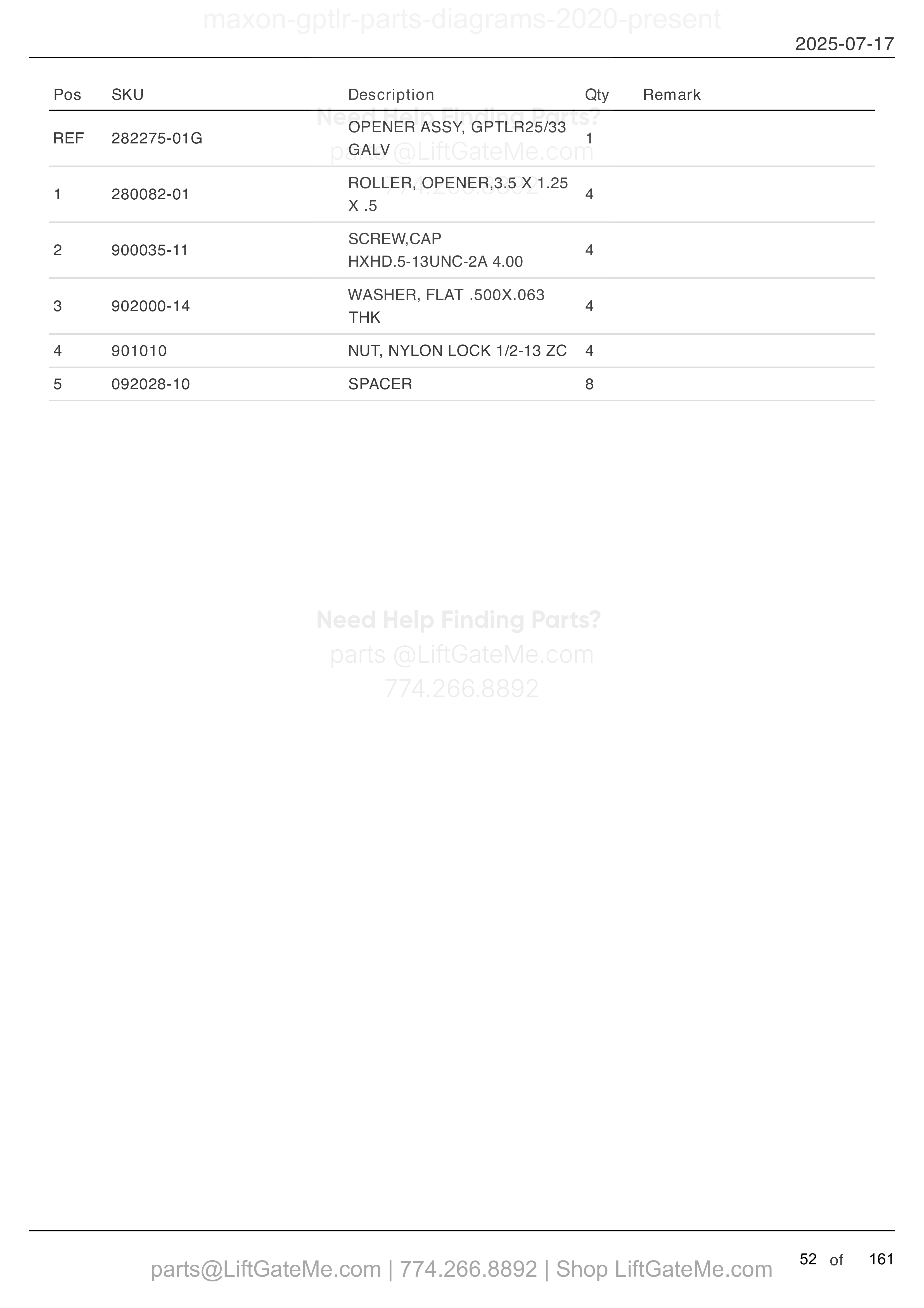 OPENER ASSEMBLY: GPTLR-25 AND GPTLR-33 parts table