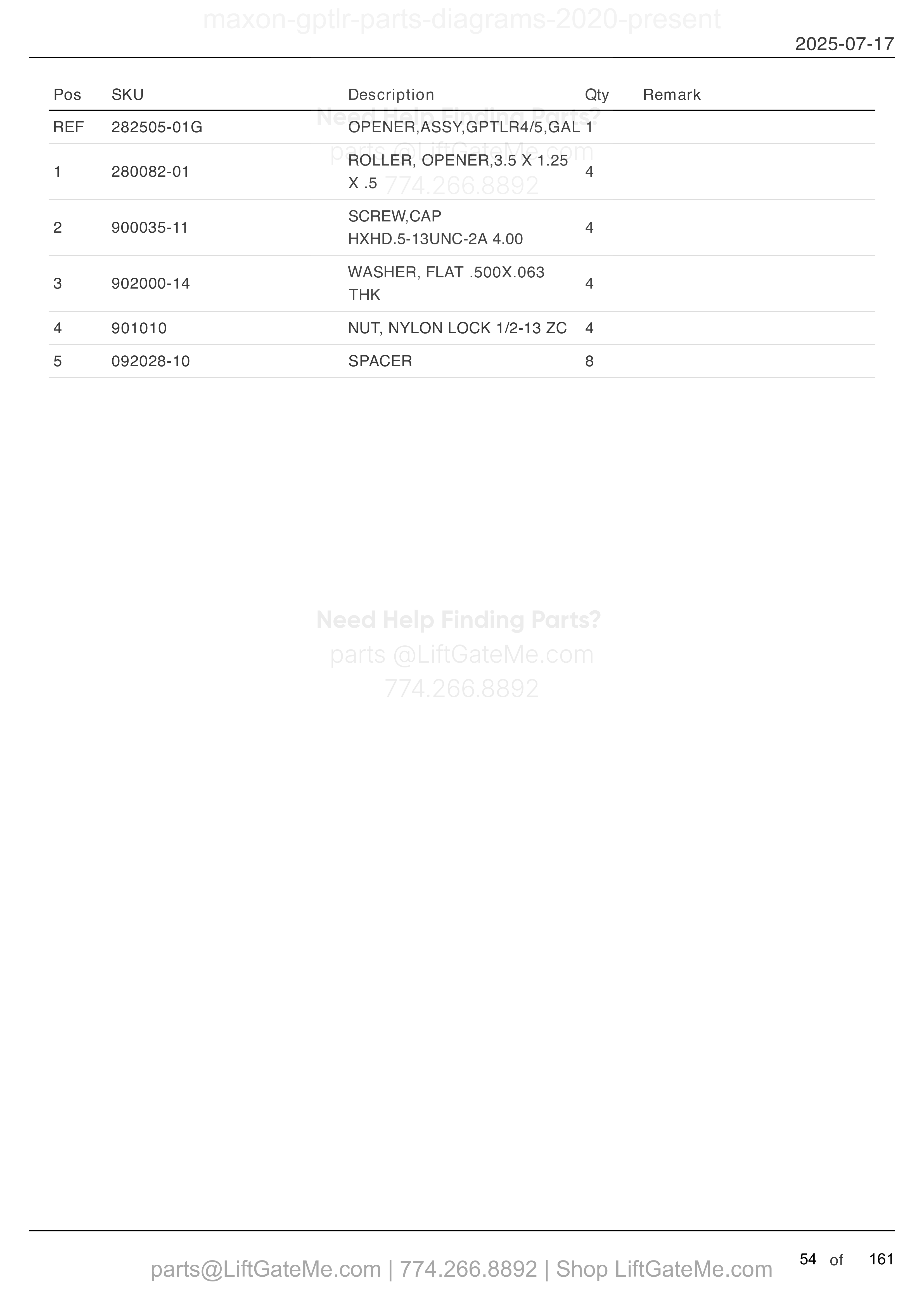 OPENER ASSEMBLY: GPTLR-44 AND GPTLR-55 parts table