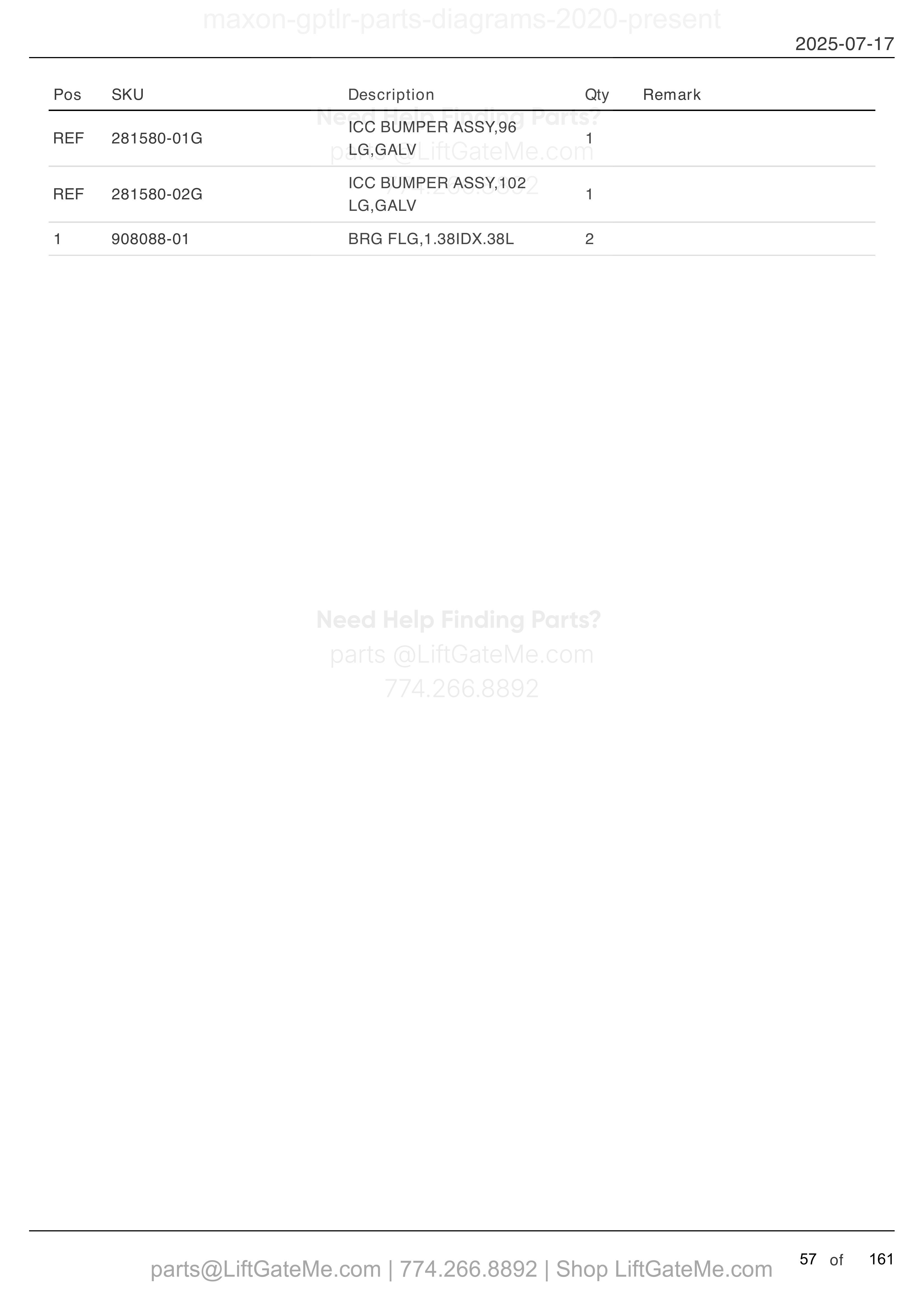 ICC BUMPER: GPTLR-25 AND GPTLR-33 parts table