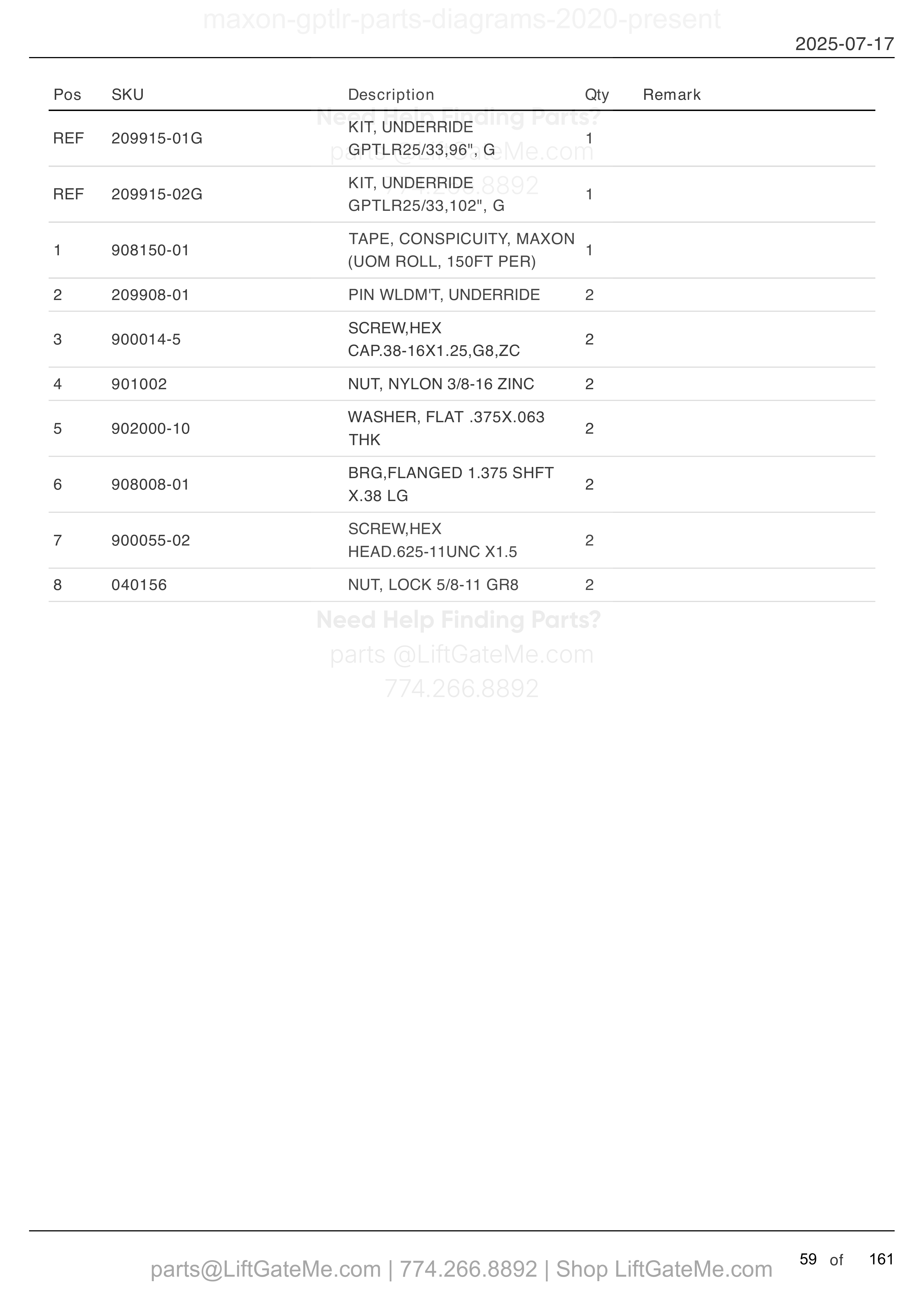 UNDERRIDE: GPTLR-25 AND GPTLR-33 parts table