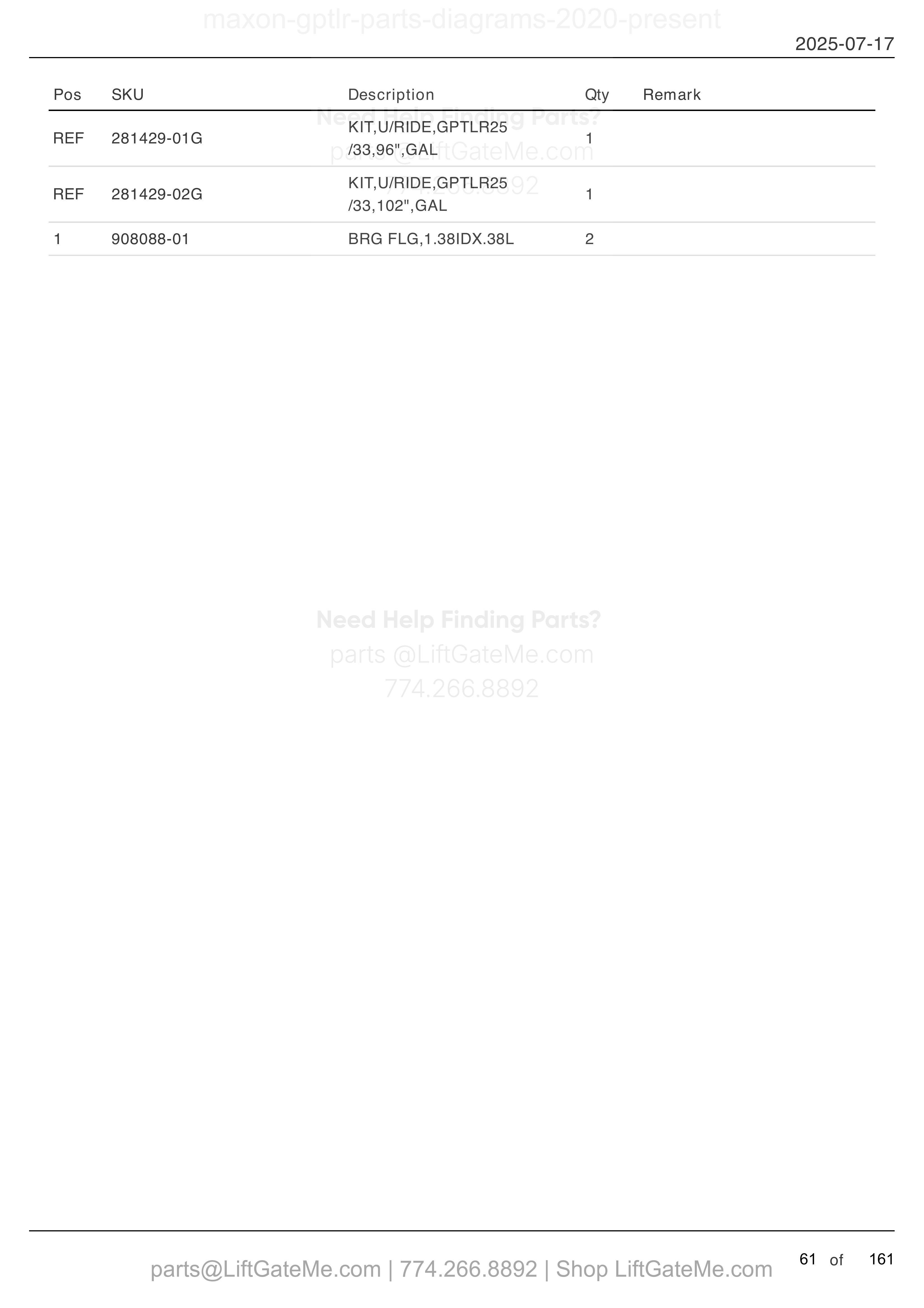 UNDERRIDE: GPTLR-25 AND GPTLR-33 parts table