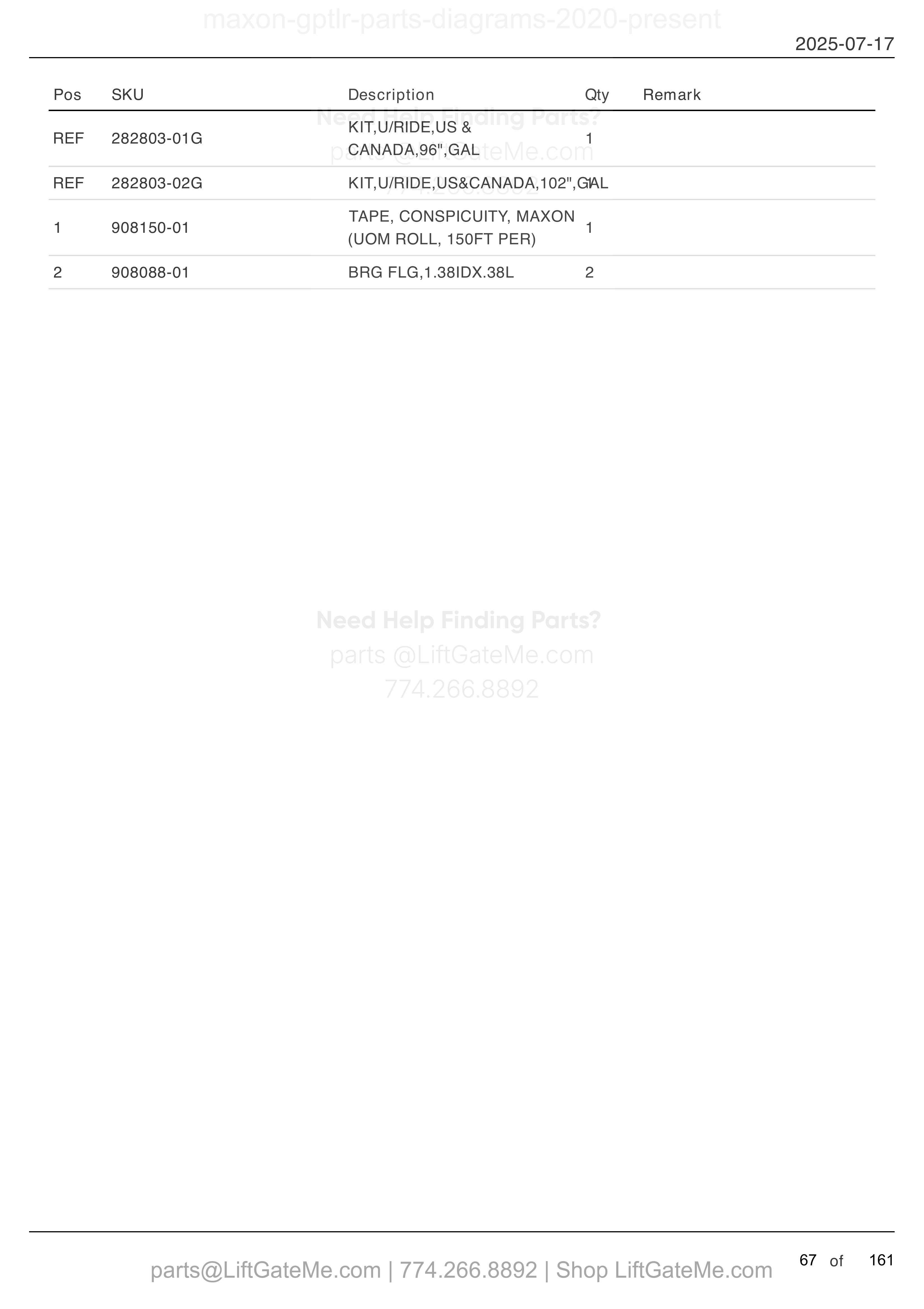UNDERRIDE: GPTLR-44 AND GPTLR-55 parts table