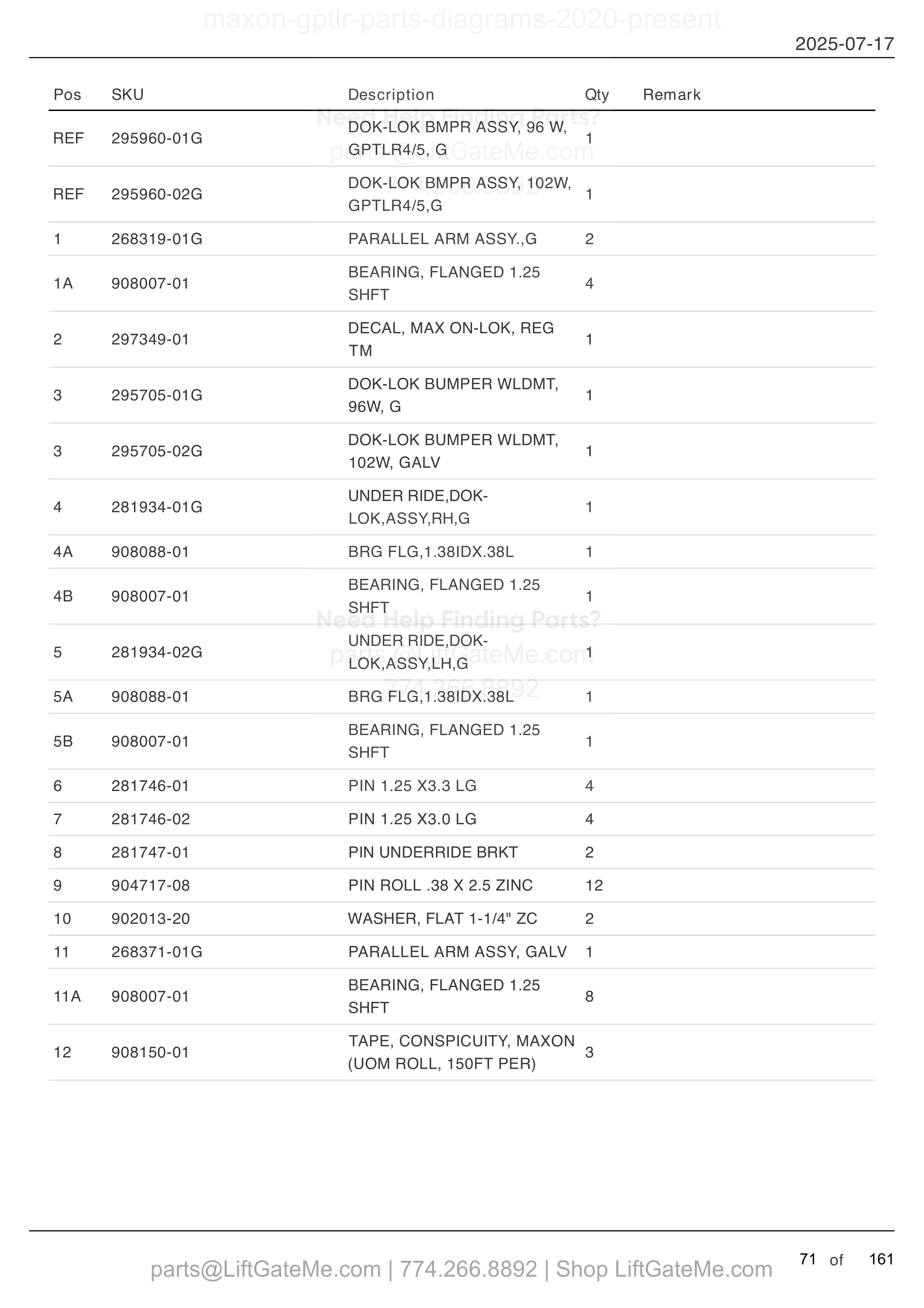 DOK-LOK: GPTLR-44 AND GPTLR-55 parts table