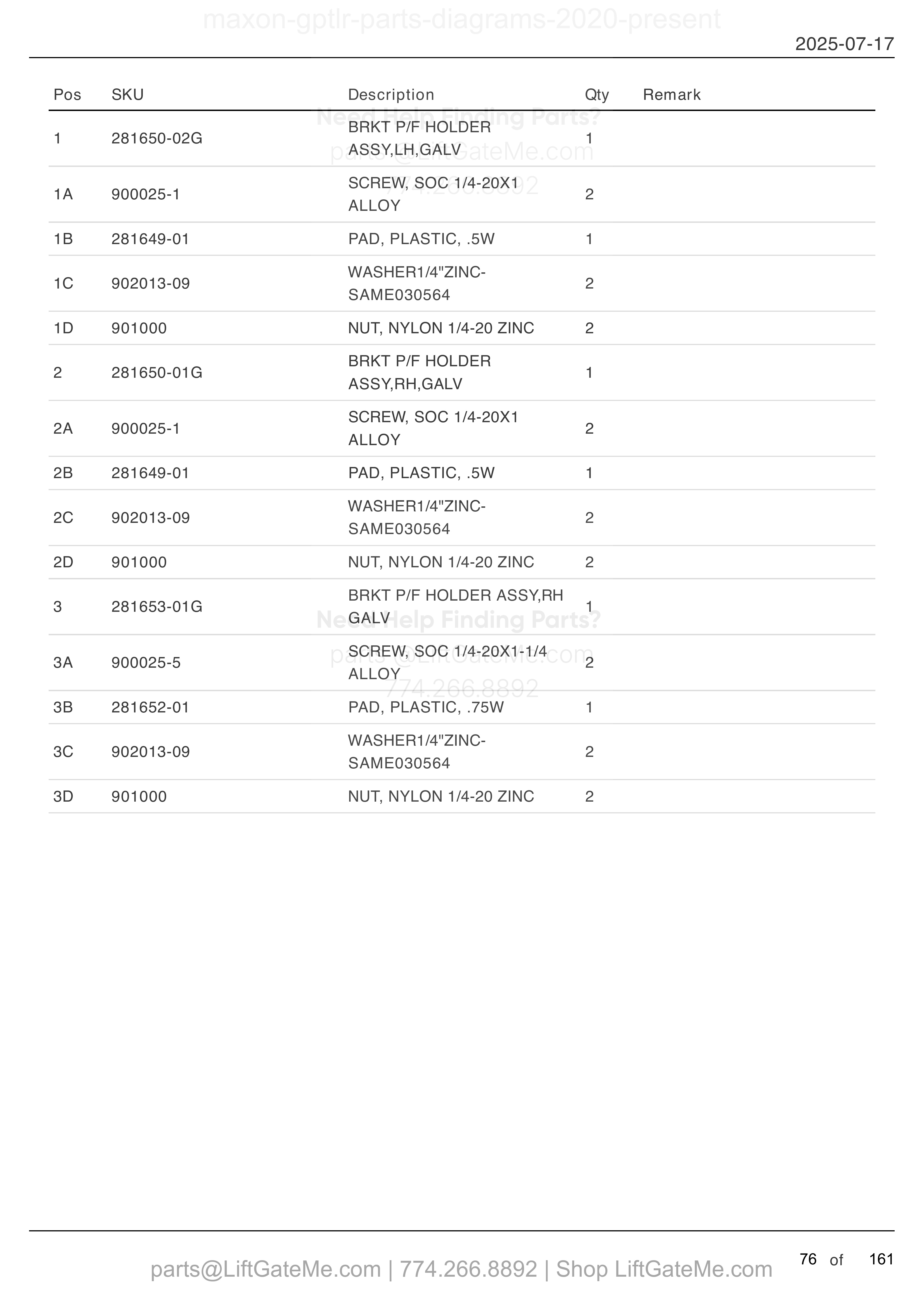 LH AND RH PLATFORM SEATS: GPTLR-25 AND GPTLR-33 parts table