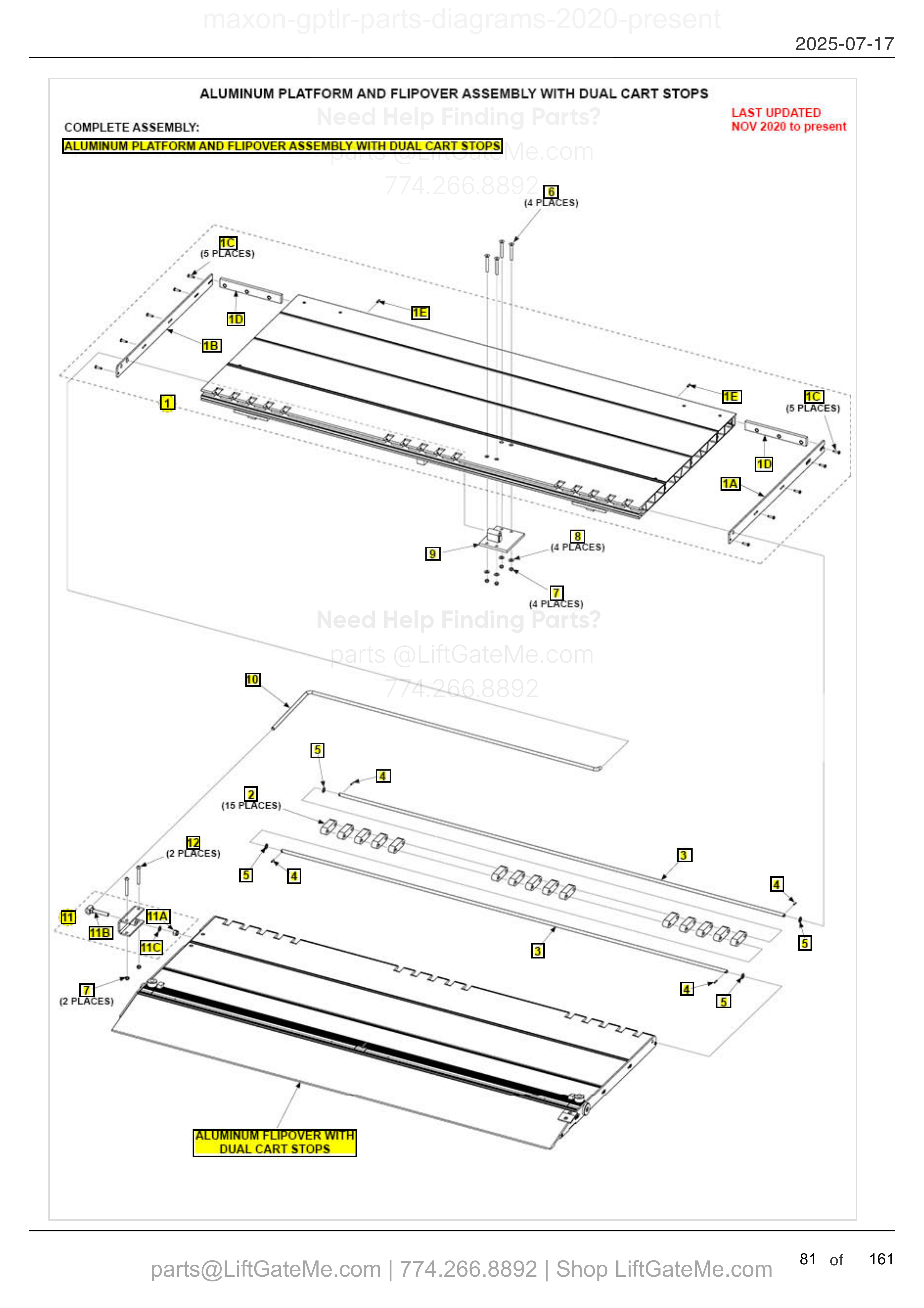 ALUMINUM PLATFORM AND FLIPOVER ASSEMBLY WITH DUAL CART STOPS diagram