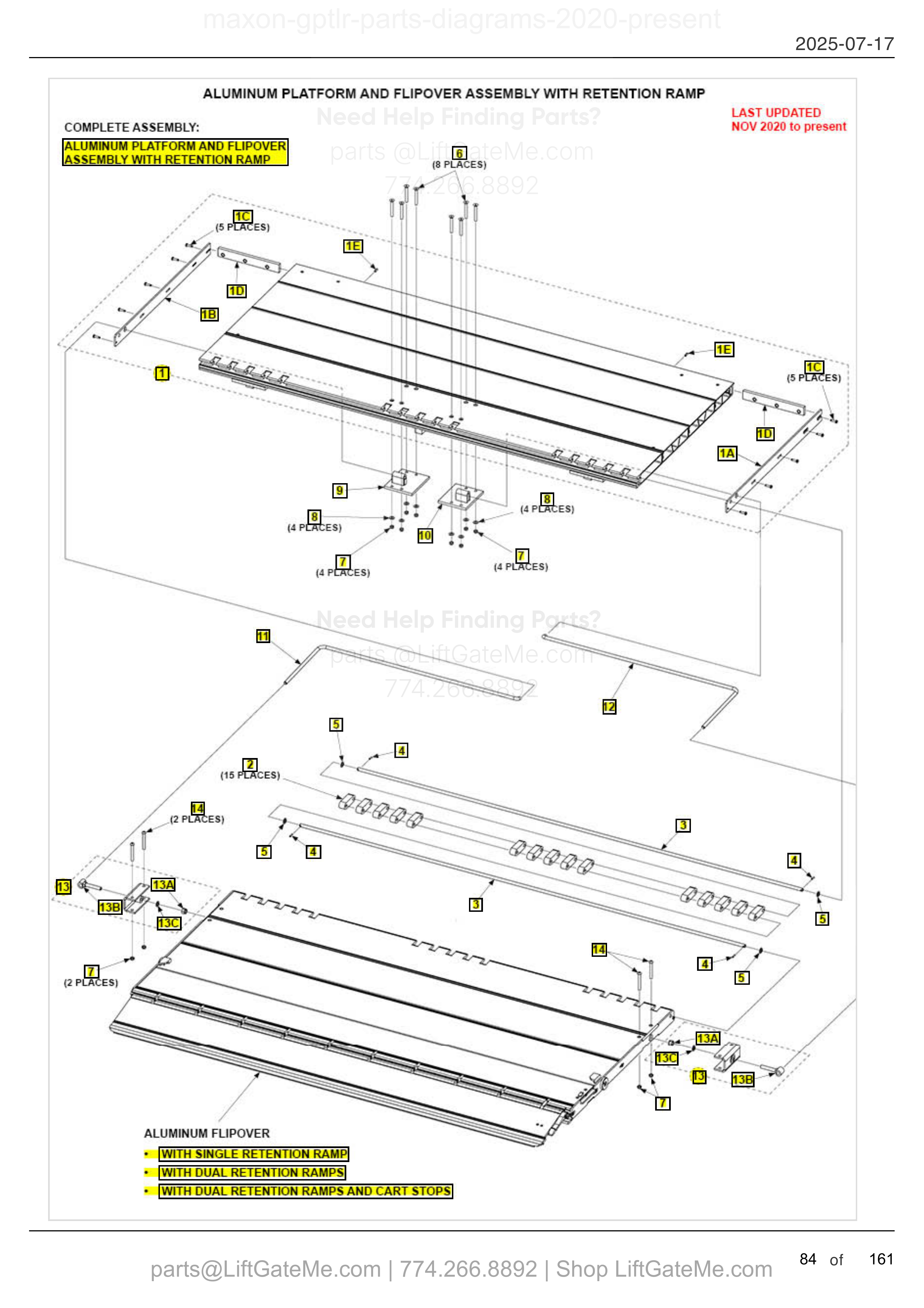 ALUMINUM PLATFORM AND FLIPOVER ASSEMBLY WITH RETENTION RAMP diagram