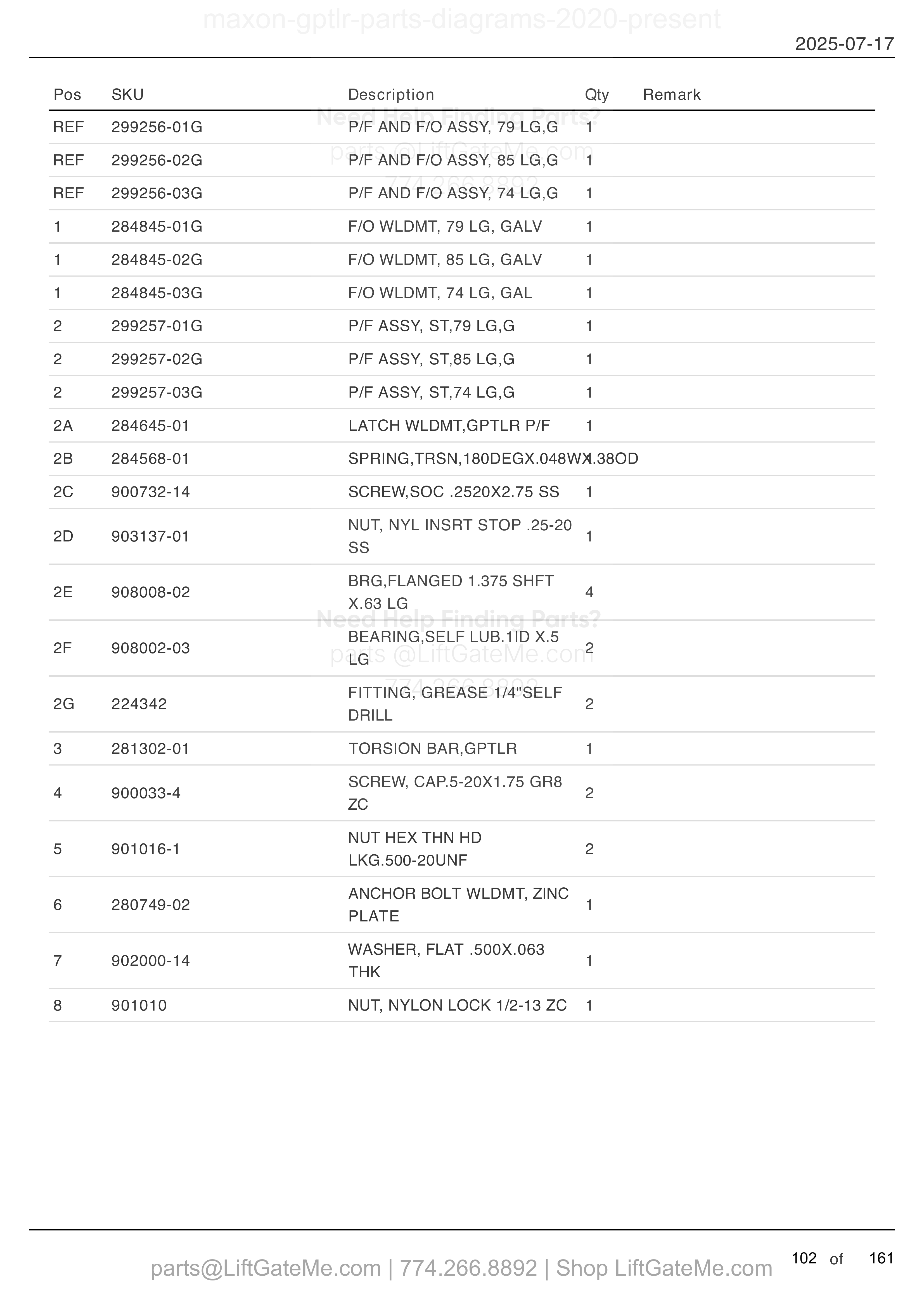 STEEL PLATFORM AND FLIPOVER ASSEMBLY: GPTLR-25 AND GPTLR-33 parts table