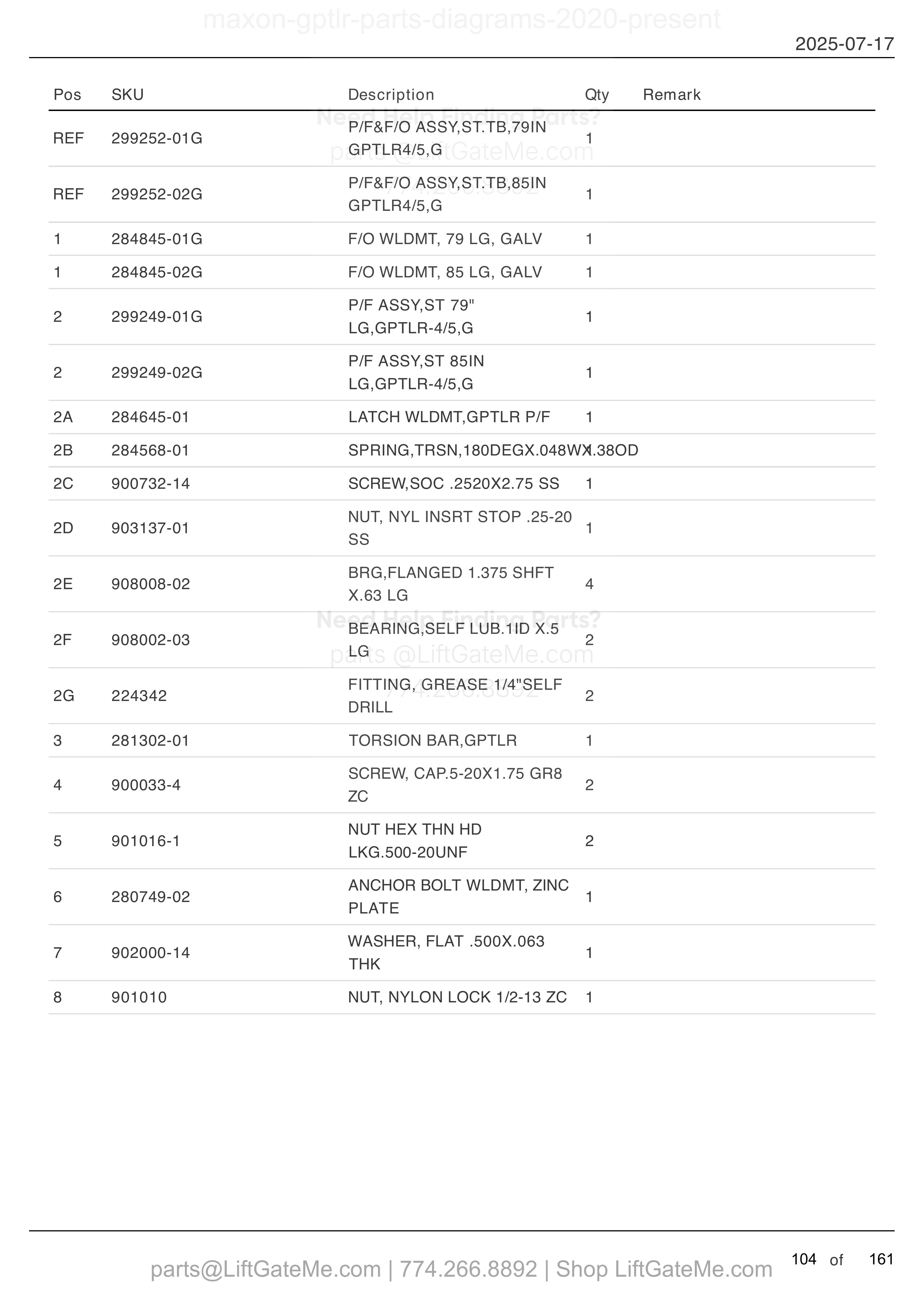 STEEL PLATFORM AND FLIPOVER ASSEMBLY: GPTLR-44 AND GPTLR-55 parts table