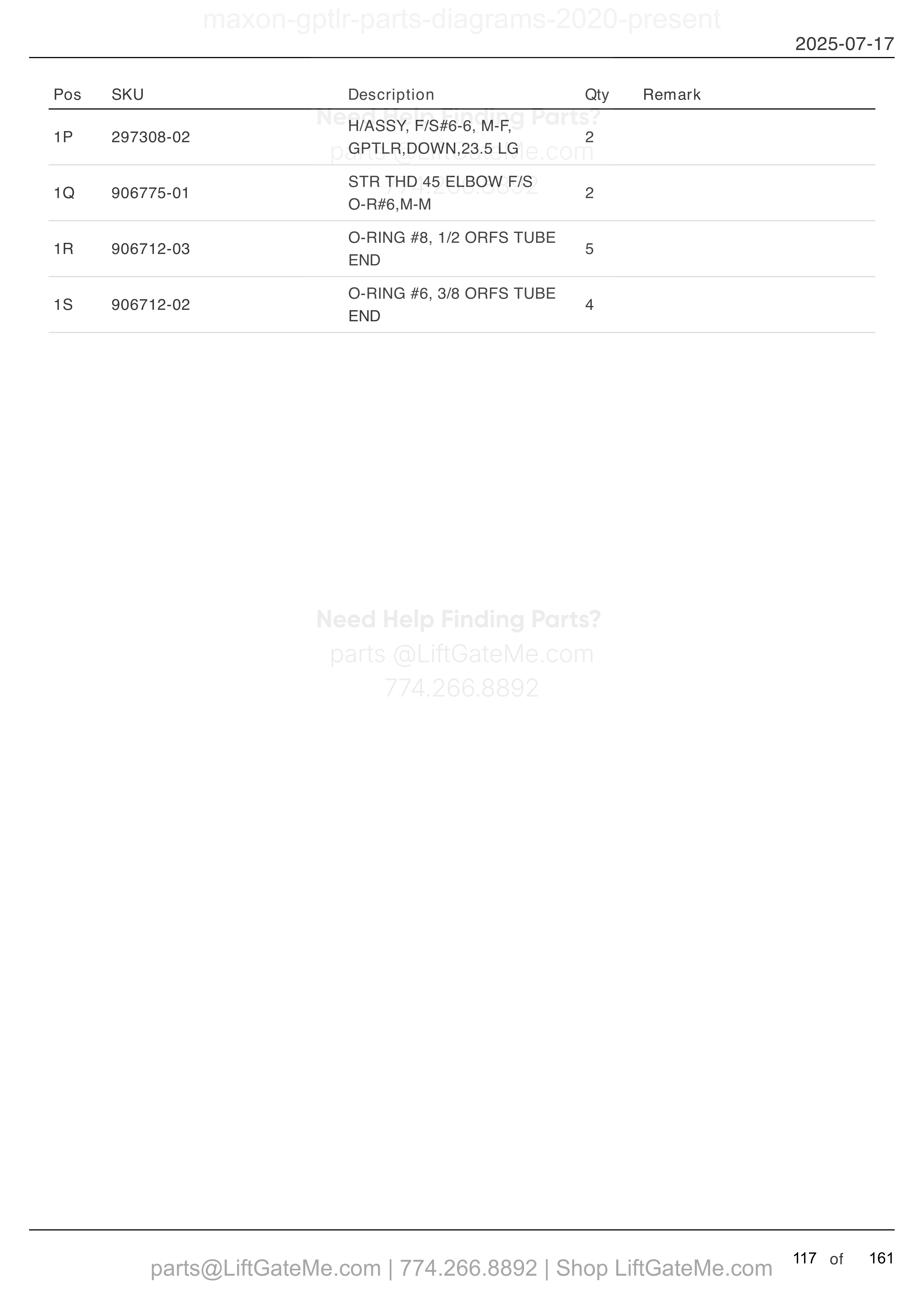 HYDRAULIC SYSTEMS - POWER DOWN (continued) parts table