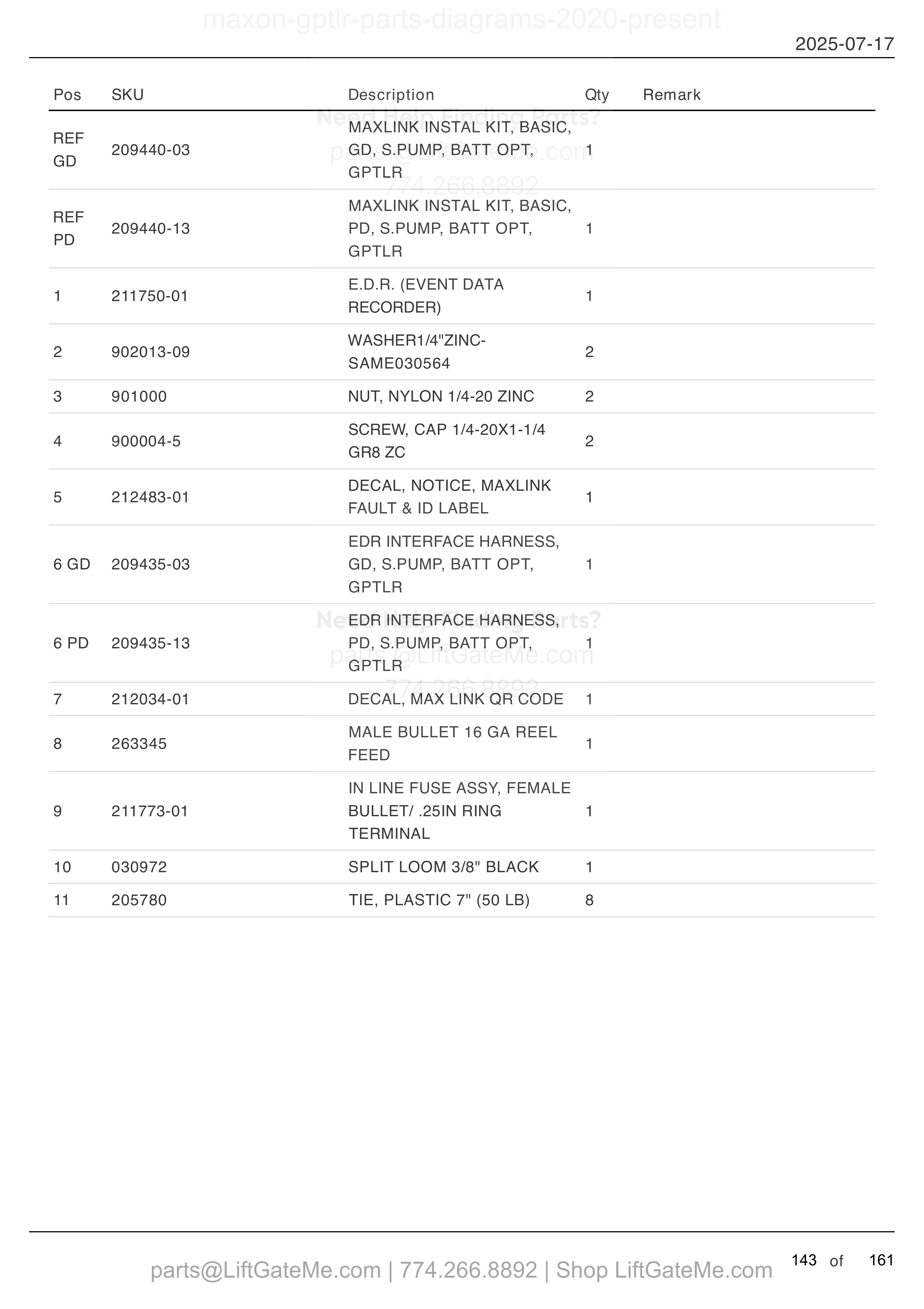 MAXLINK KIT, BATTERY OPTION parts table