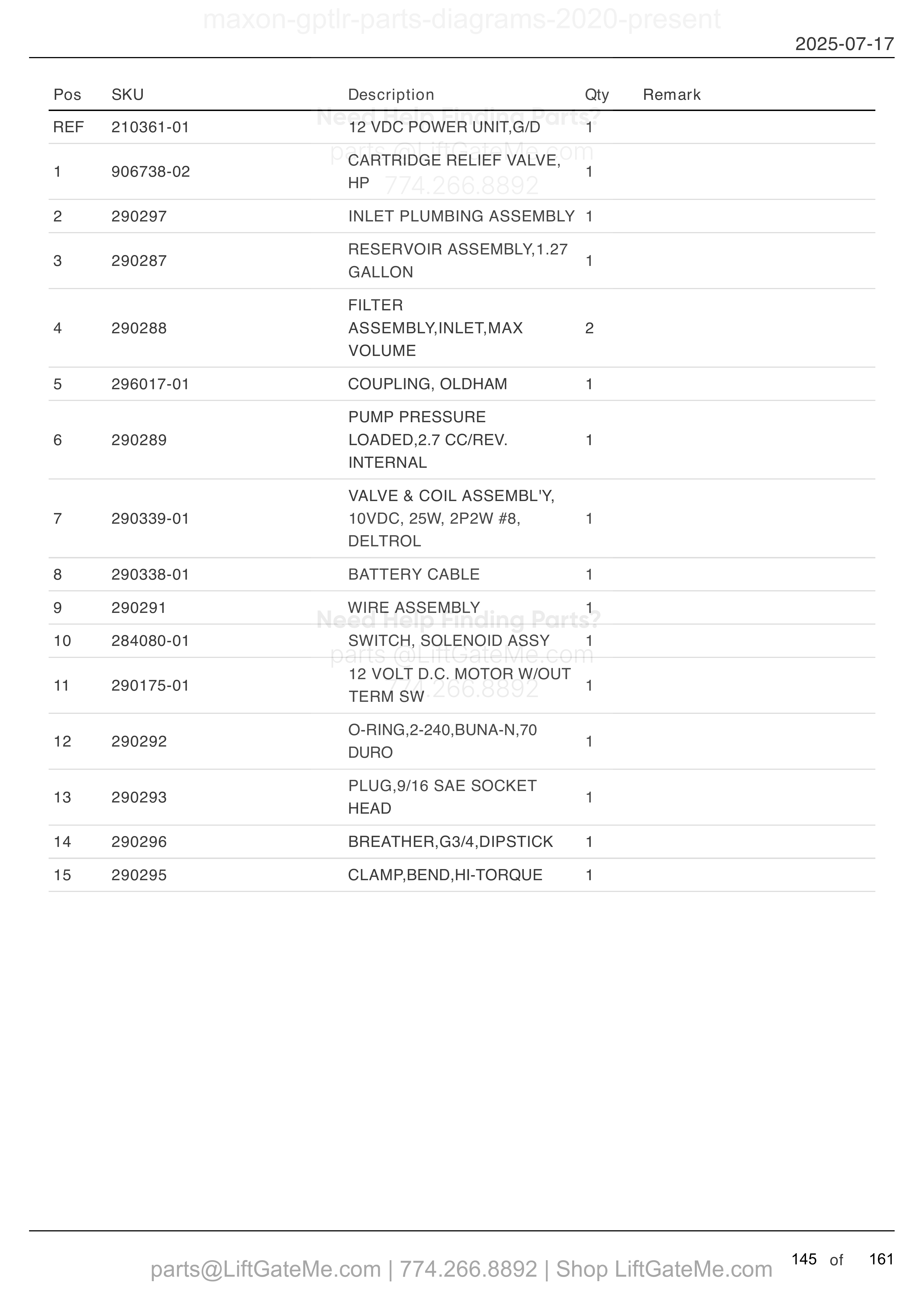 12 VDC POWER UNIT (GRAVITY DOWN) parts table