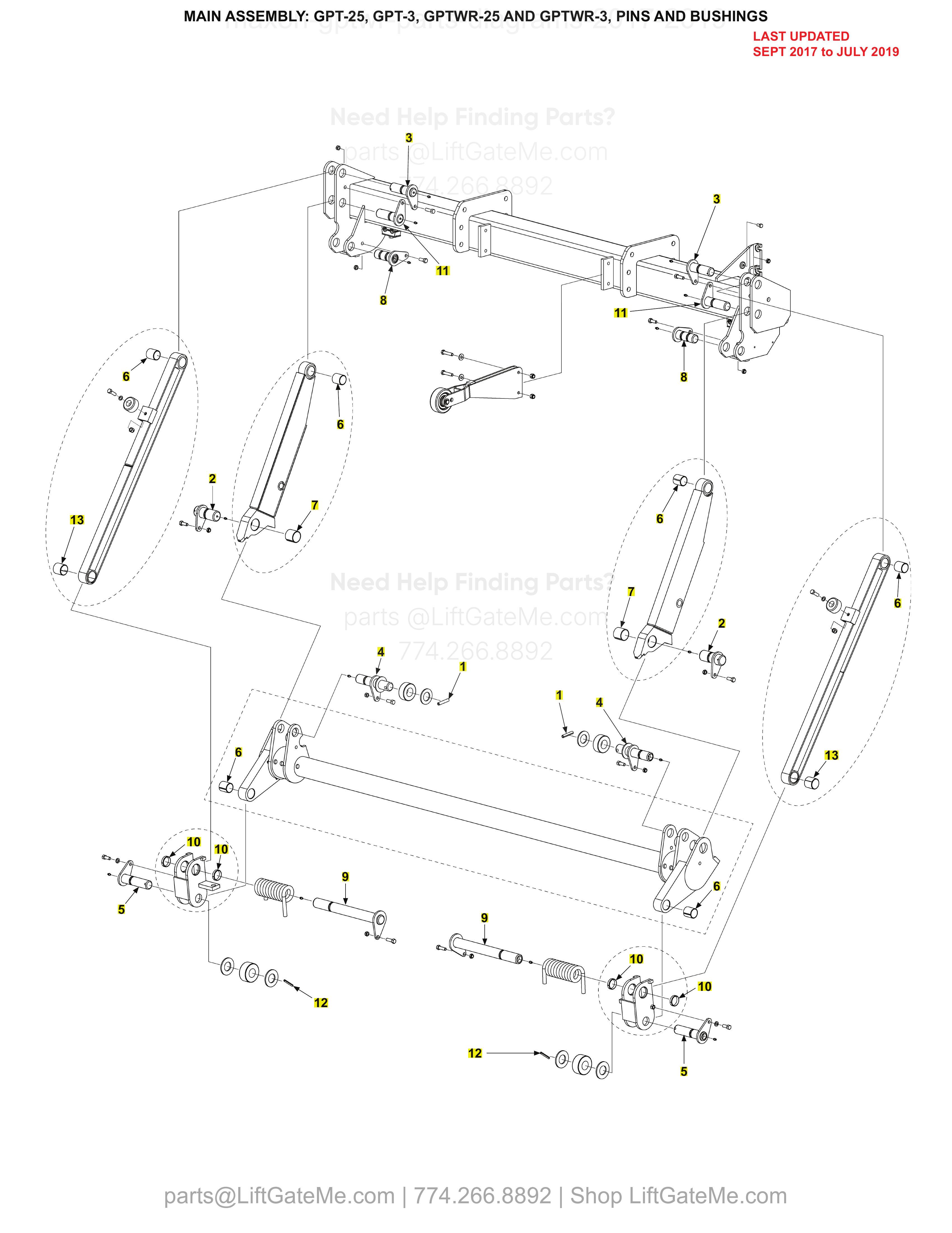 MAIN ASSEMBLY: GPT-25, GPT-3, GPTWR-25 AND GPTWR-3, PINS AND BUSHINGS diagram
