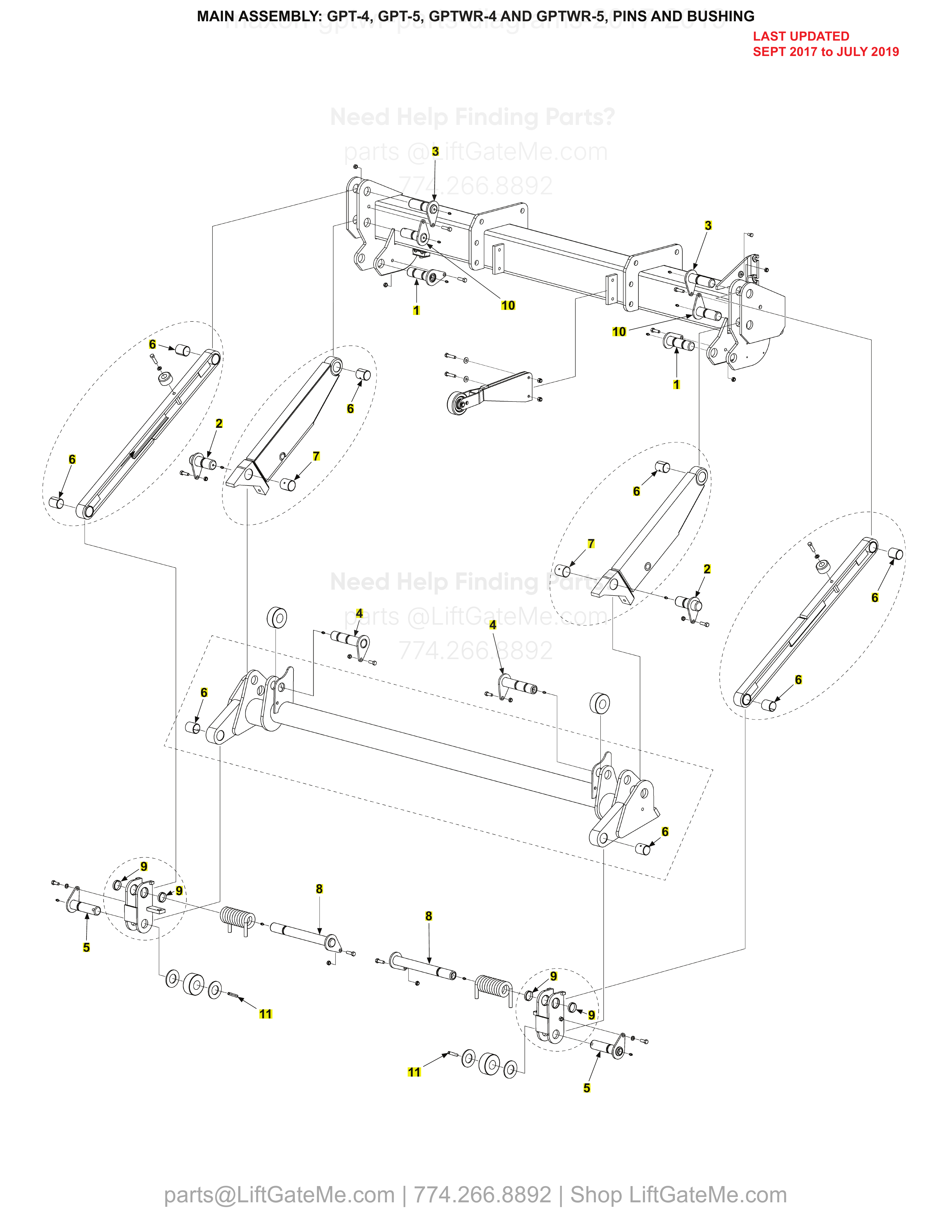 MAIN ASSEMBLY: GPT-4, GPT-5, GPTWR-4 AND GPTWR-5, PINS AND BUSHING diagram