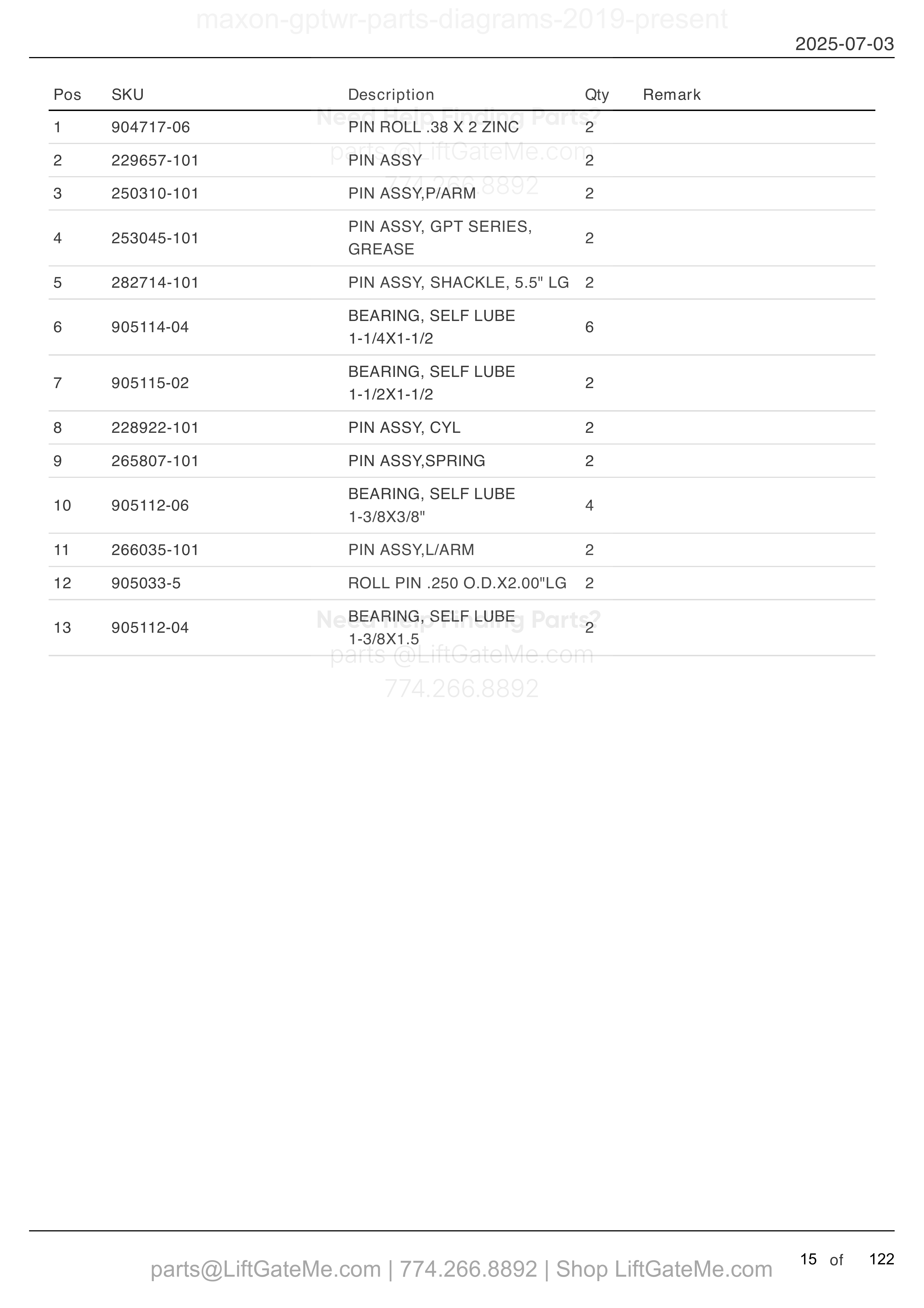MAIN ASSEMBLY: GPT-25, GPT-3, GPTWR-25 AND GPTWR-3, PINS AND BUSHINGS parts table