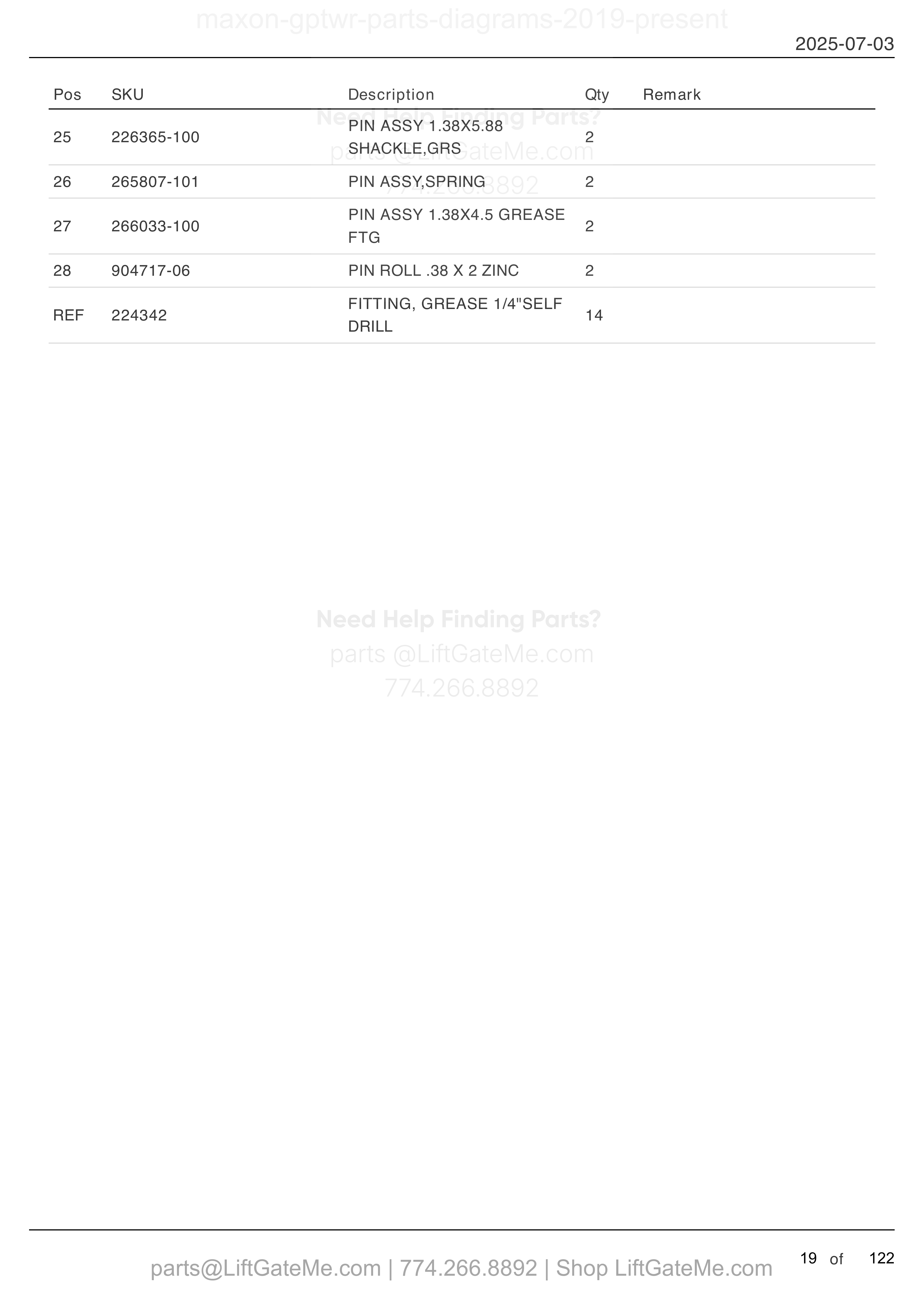 MAIN ASSEMBLY: GPT-4, GPT-5, GPTWR-4 AND GPTWR-5 (continued) parts table