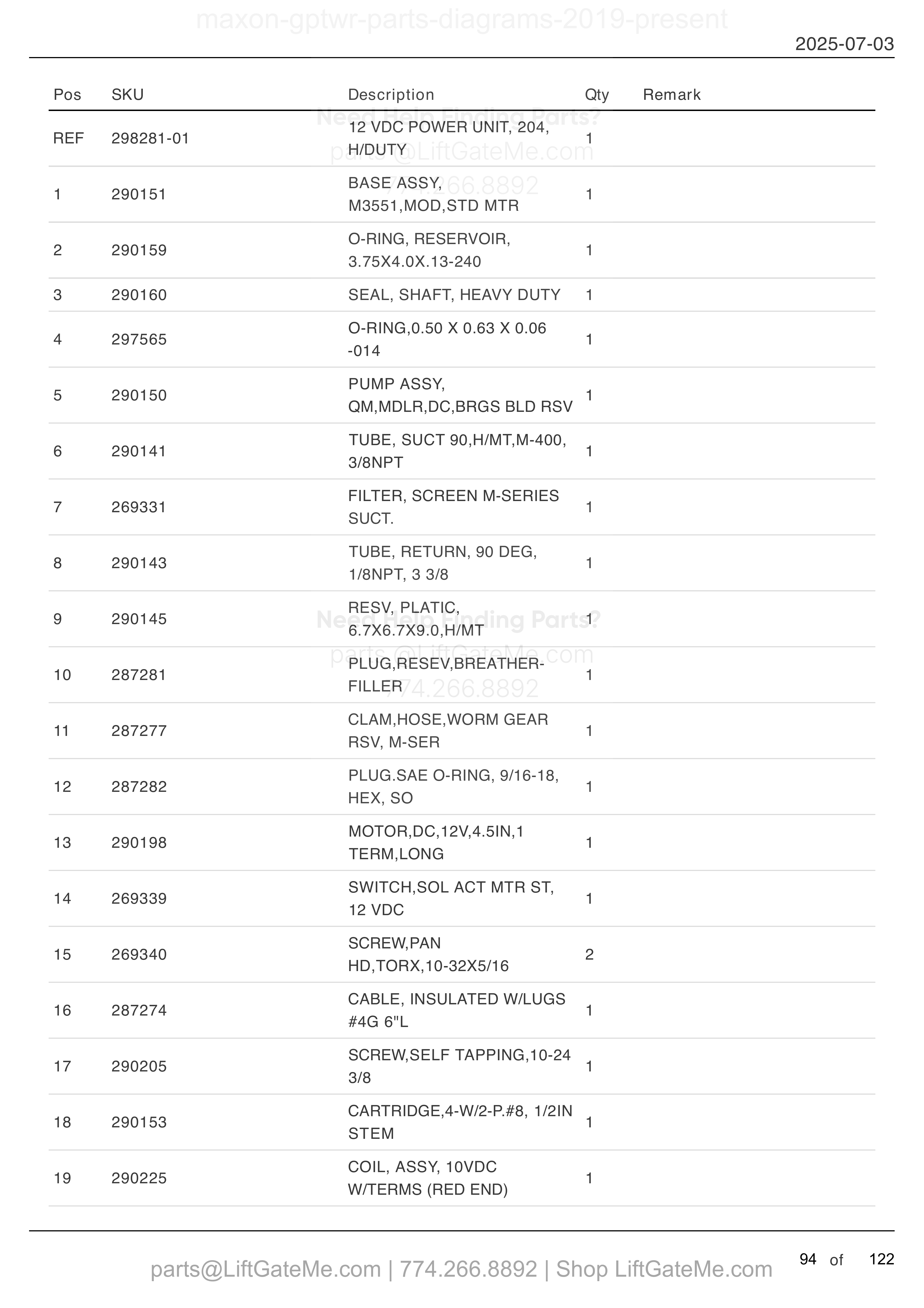 12 VDC POWER UNIT (FOR SINGLE PUMP) parts table
