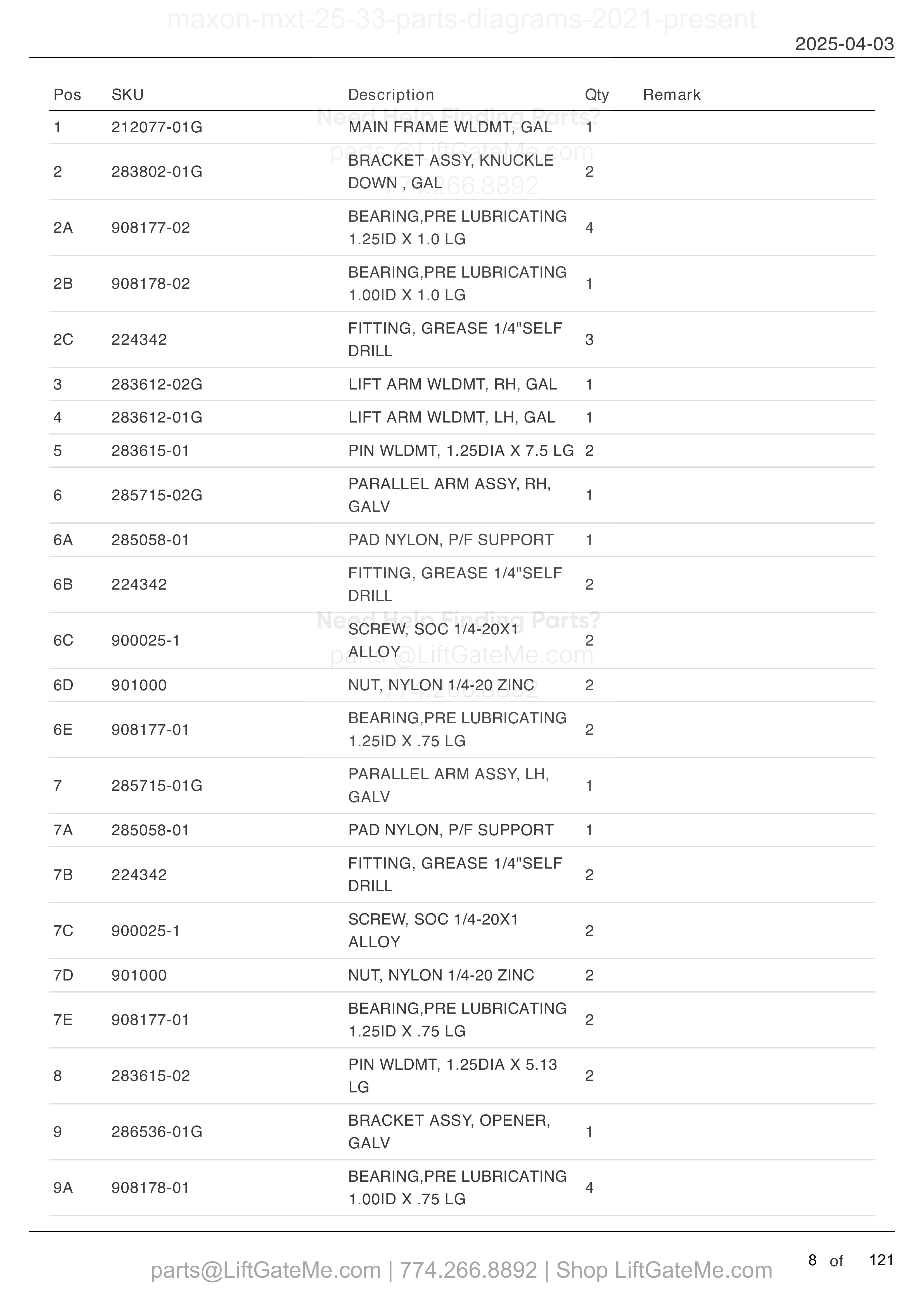 MAIN ASSEMBLY: MXT-25/33 parts table
