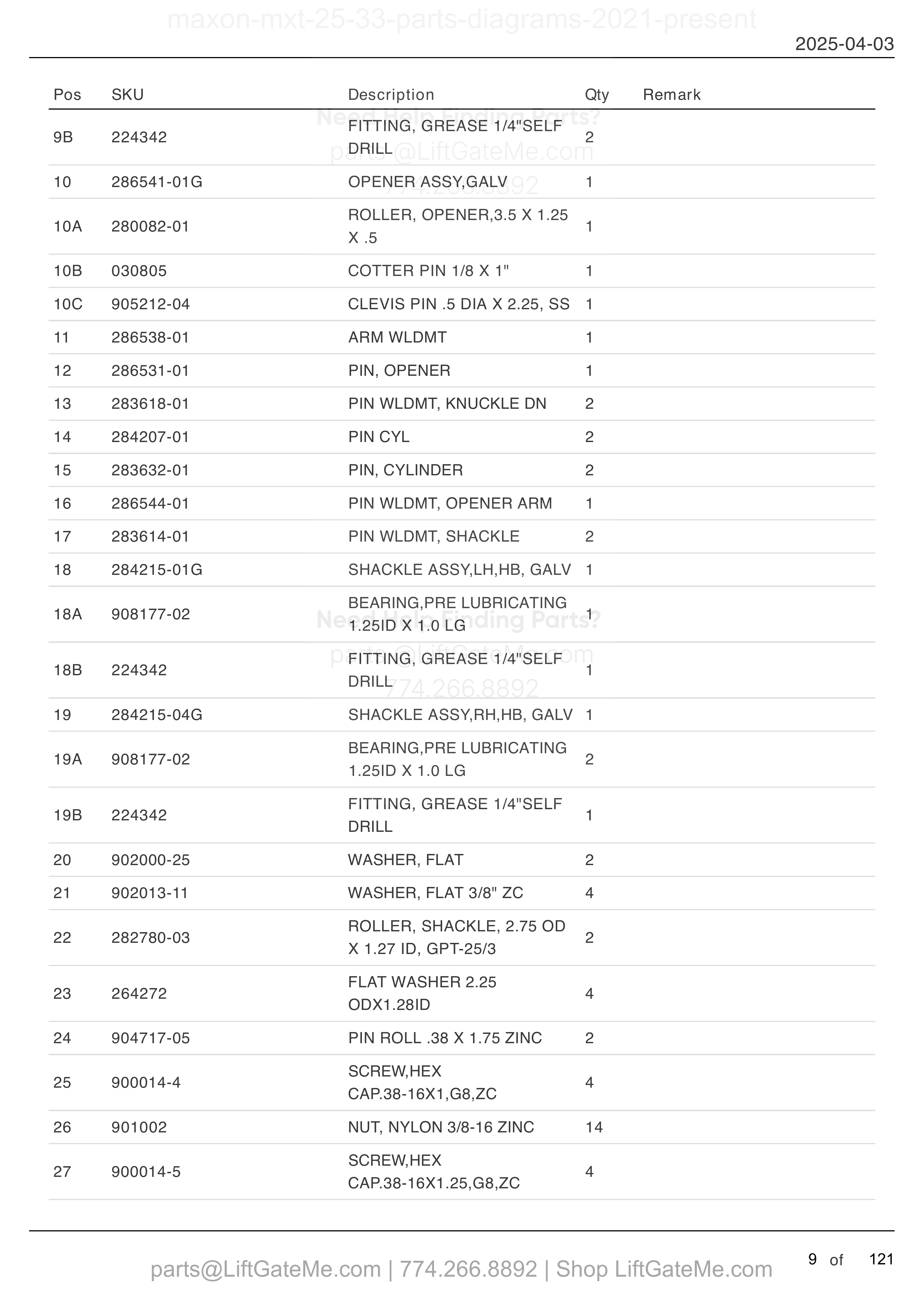 MAIN ASSEMBLY: MXT-25/33 (continued) parts table