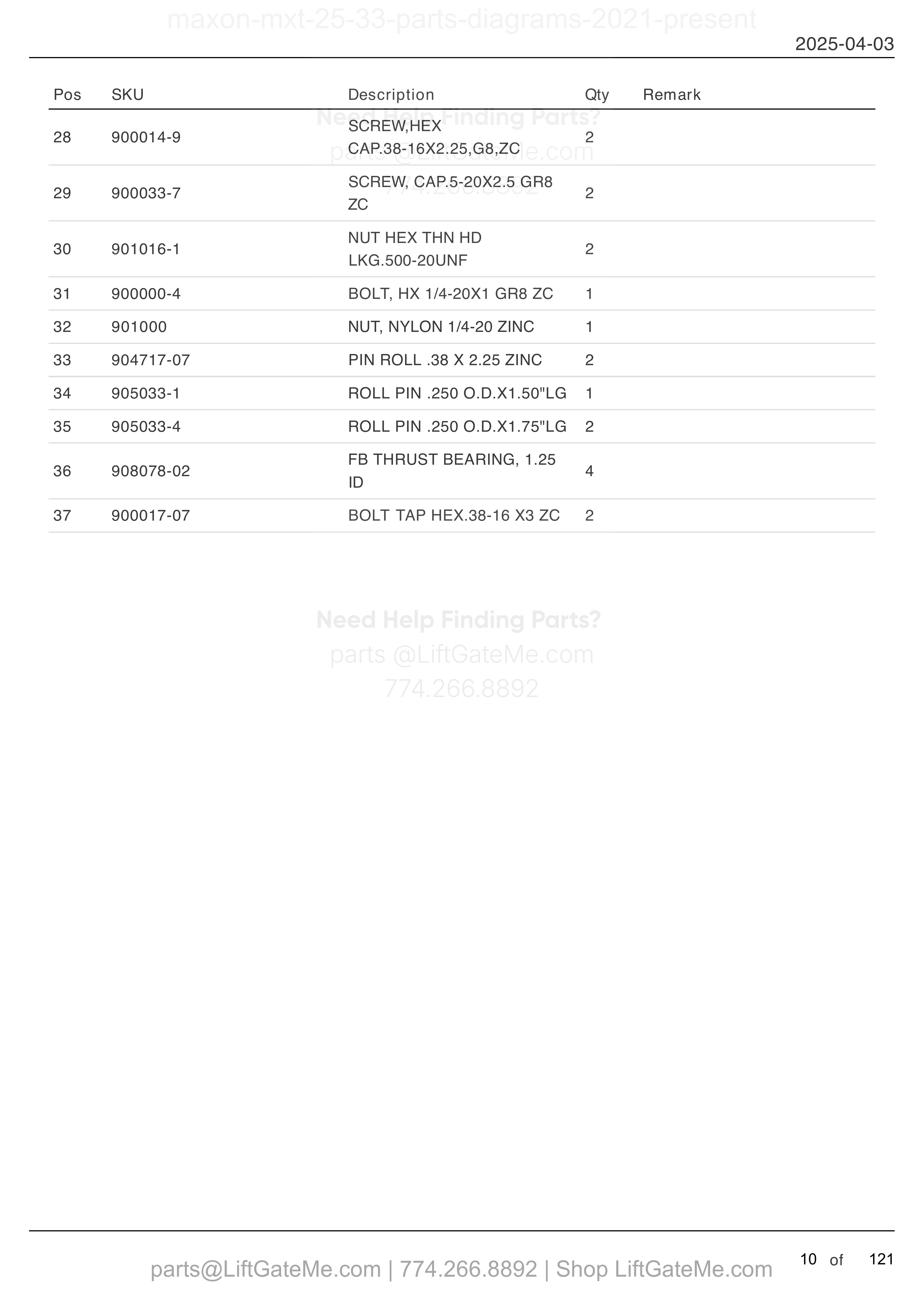 MAIN ASSEMBLY: MXT-25/33 (continued) parts table