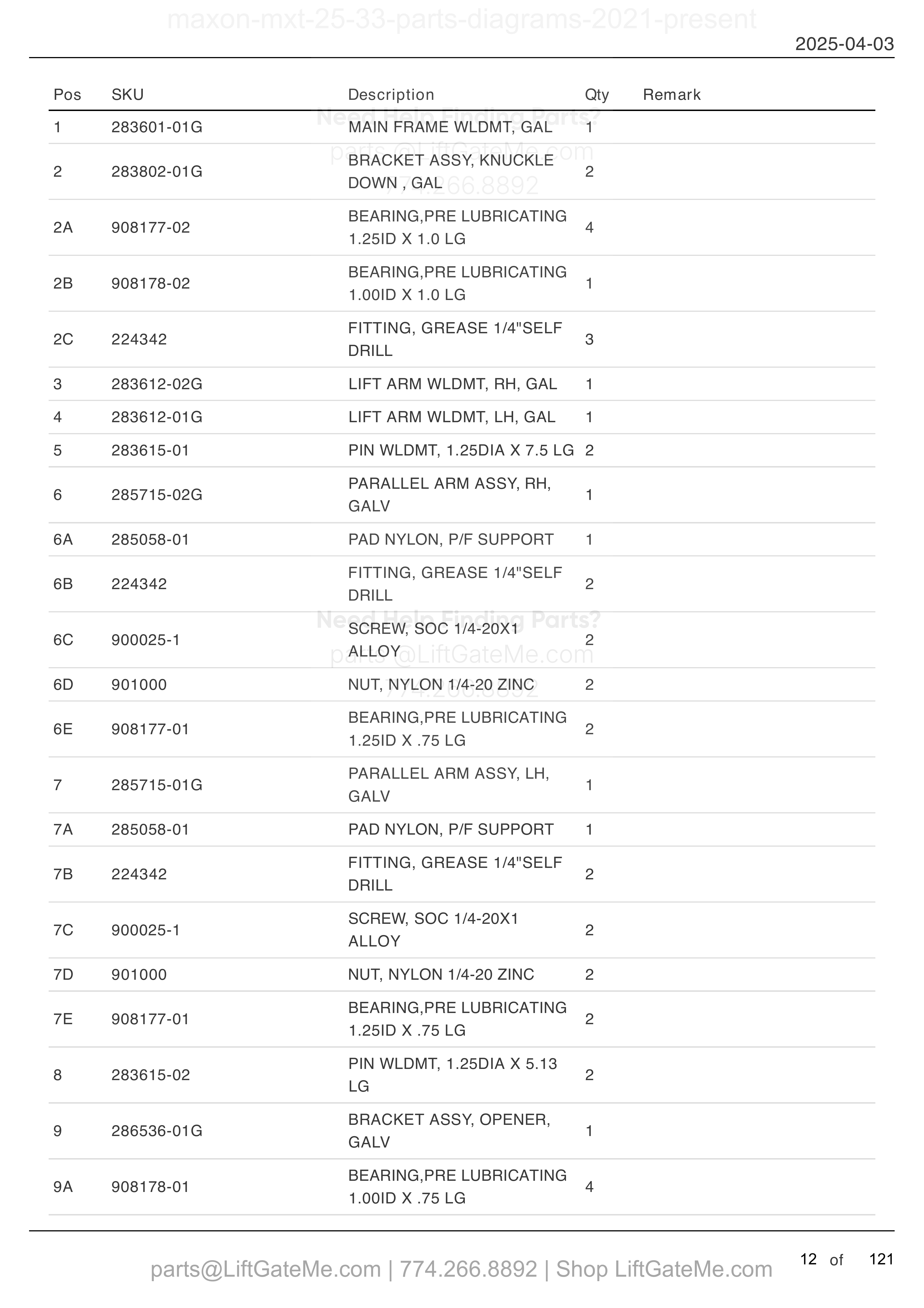 MAIN ASSEMBLY: MXT-25/33 parts table