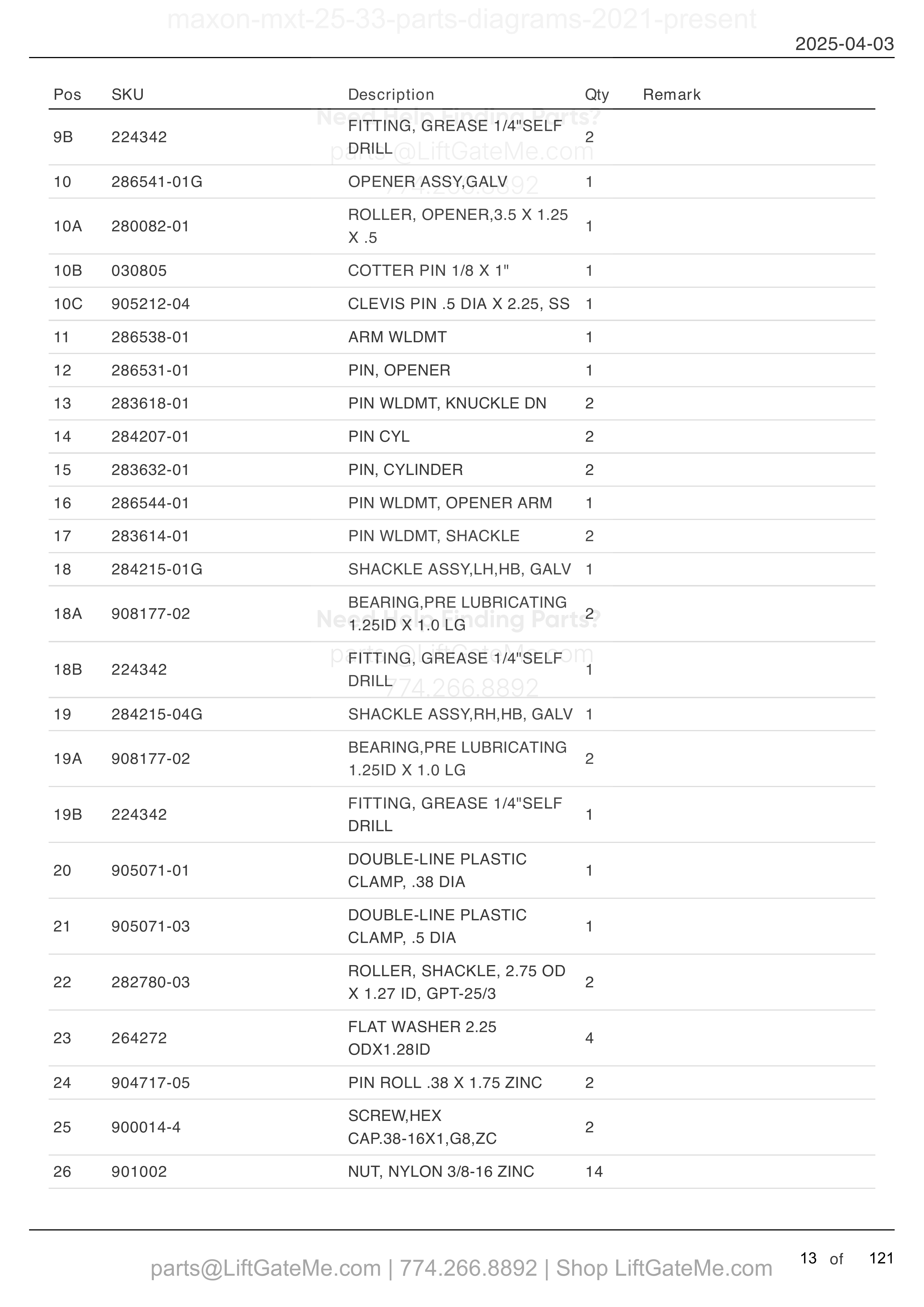 MAIN ASSEMBLY: MXT-25/33 (continued) parts table