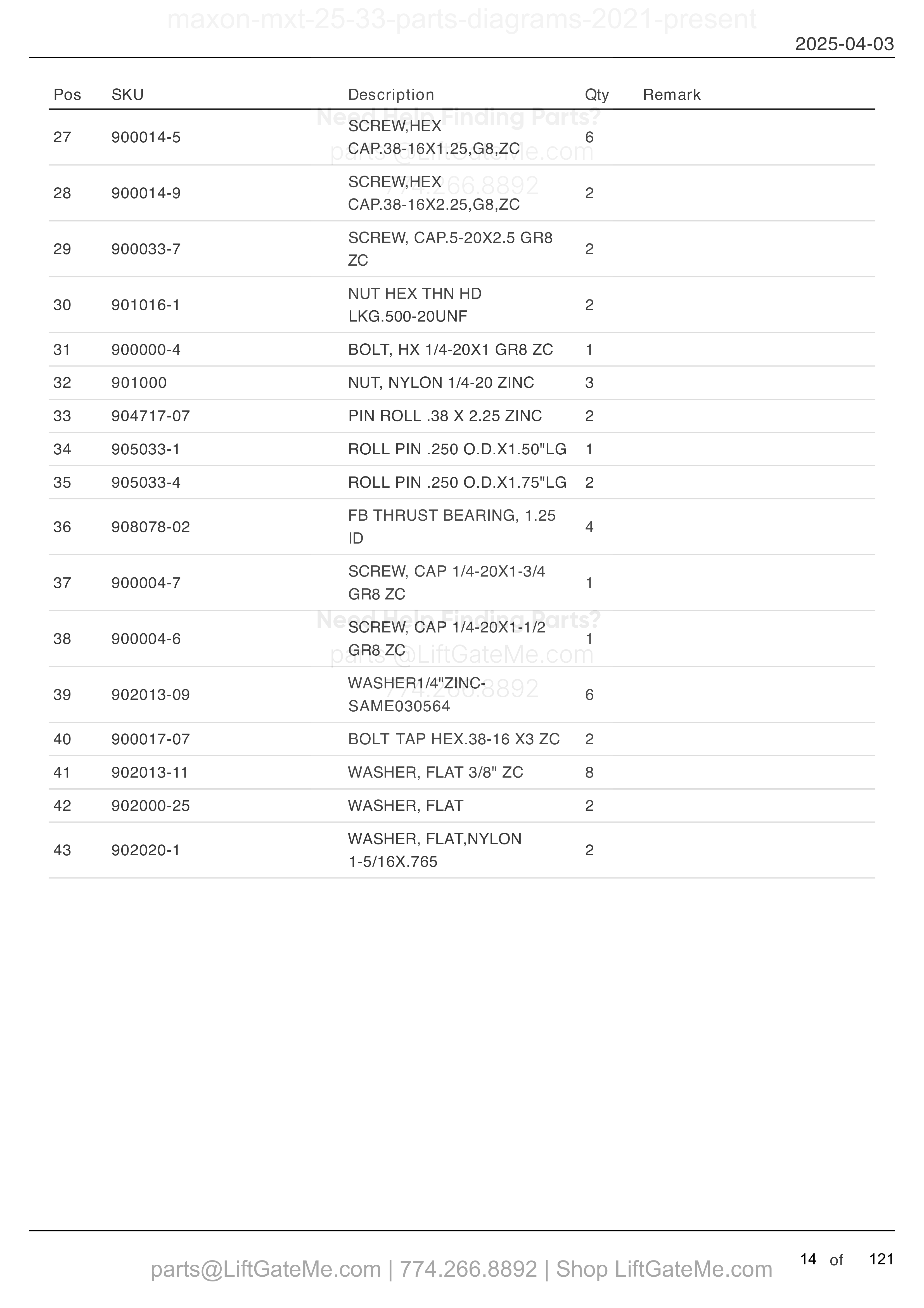 MAIN ASSEMBLY: MXT-25/33 (continued) parts table