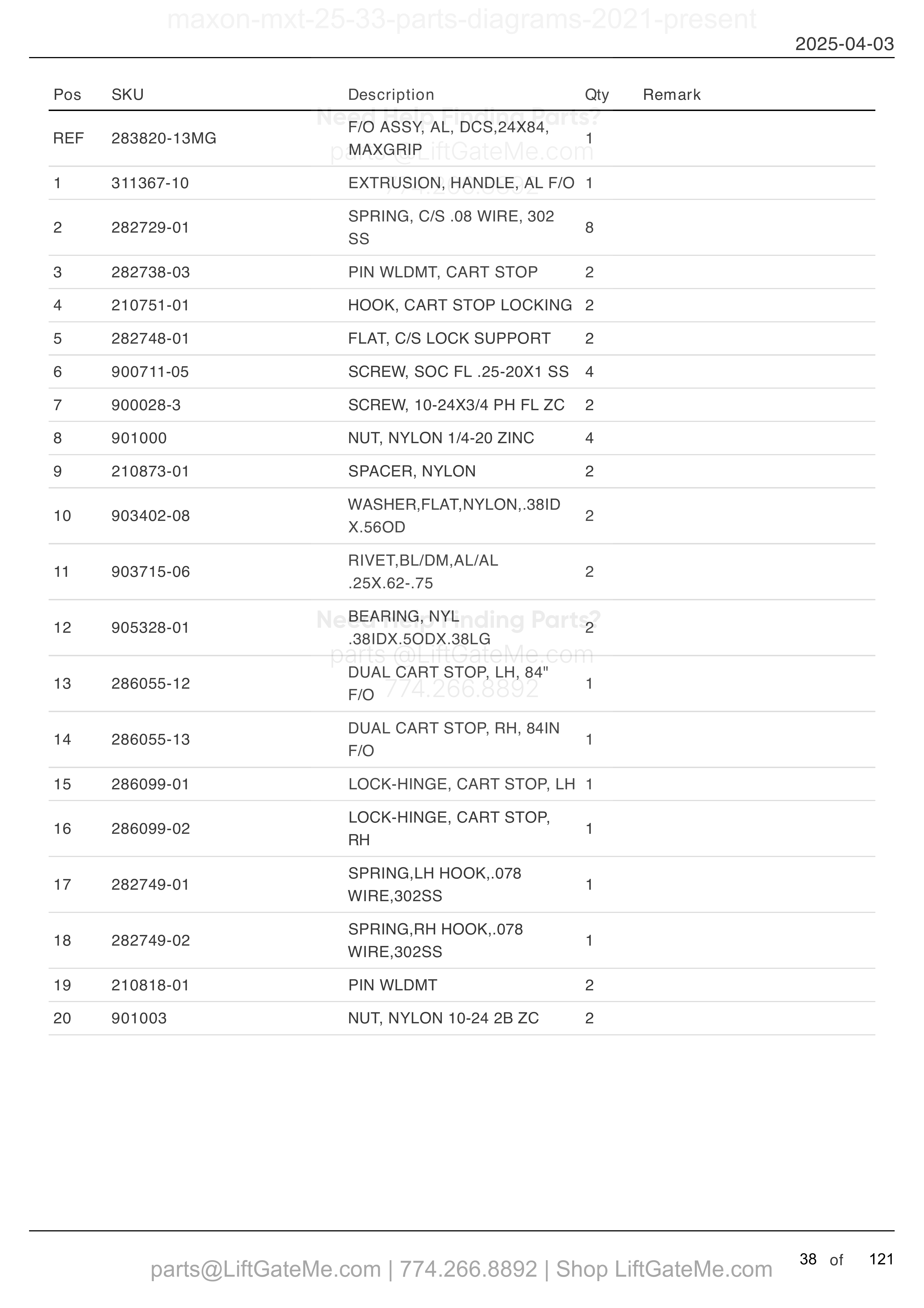 FLIPOVER WITH DUAL CART STOPS parts table