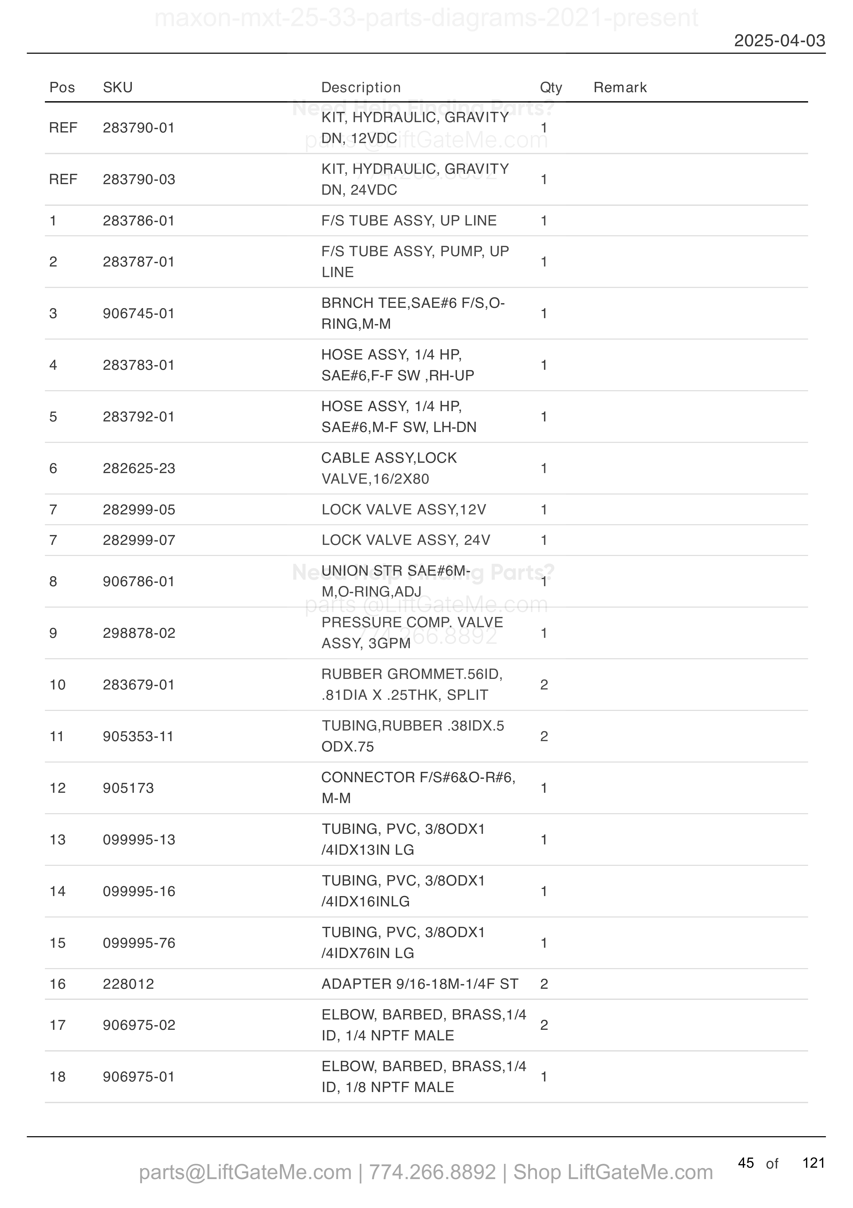 HYDRAULIC SYSTEMS (GRAVITY DOWN) parts table