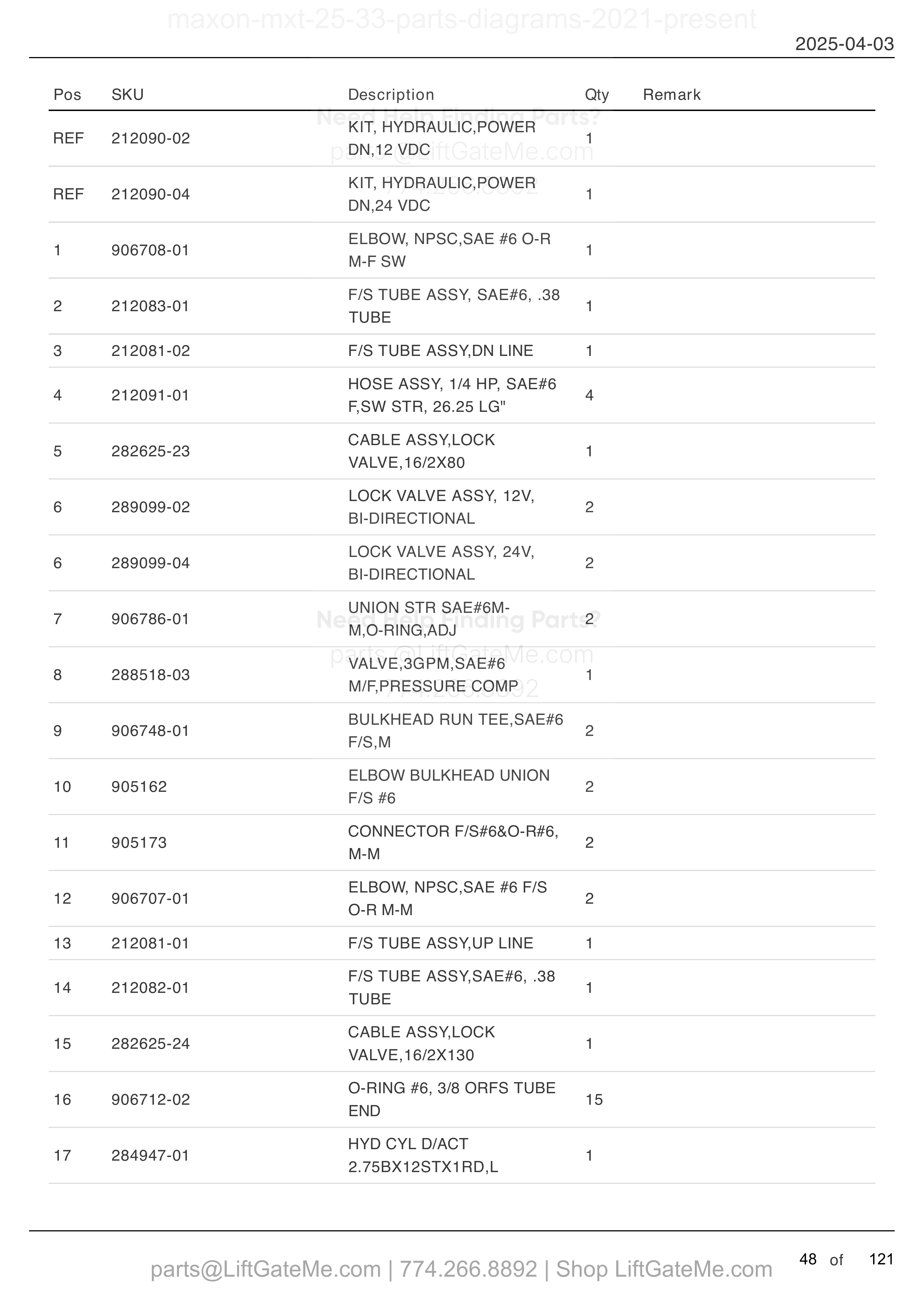 HYDRAULIC SYSTEMS (POWER DOWN) parts table
