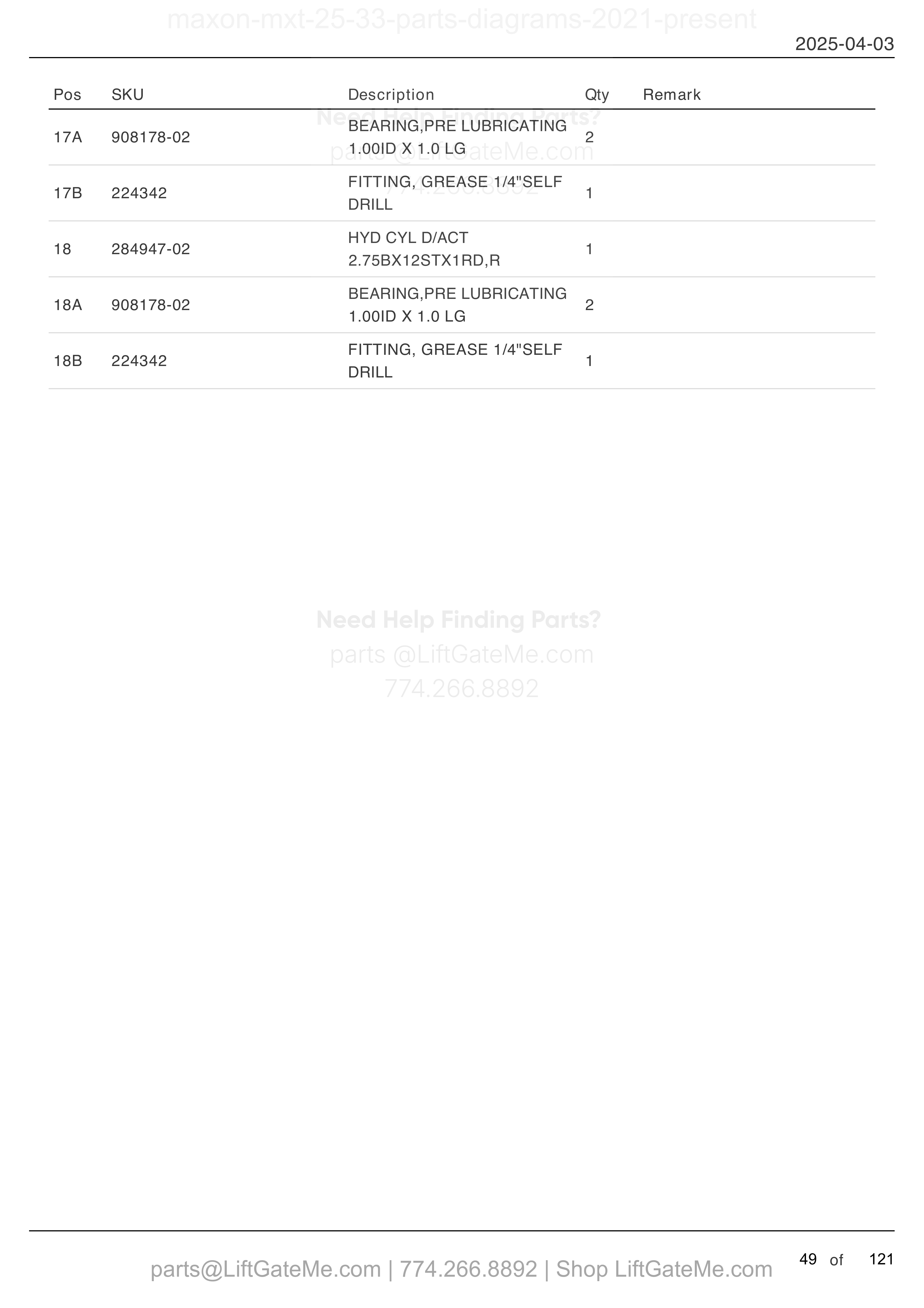 HYDRAULIC SYSTEMS (POWER DOWN) (continued) parts table