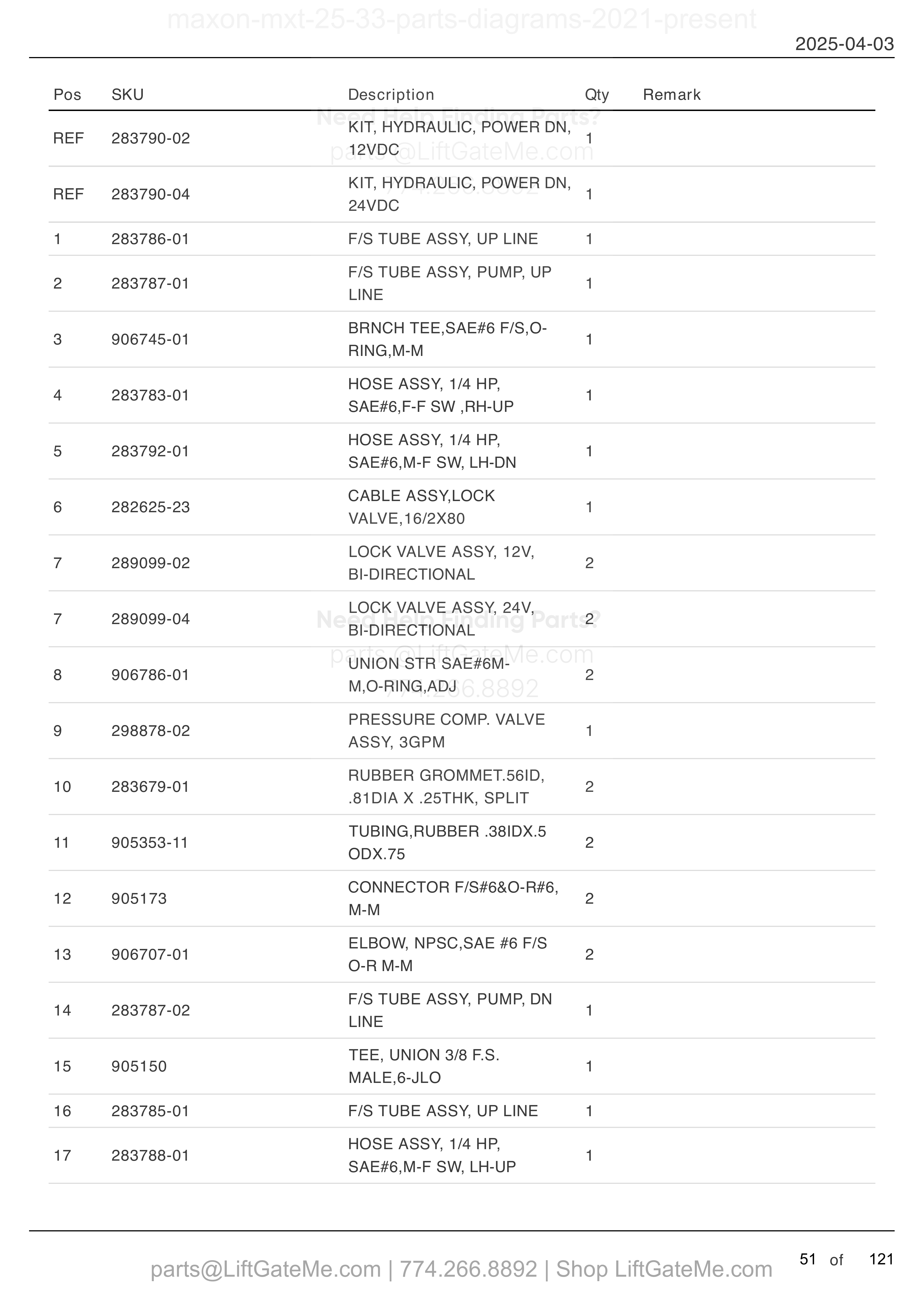HYDRAULIC SYSTEMS (POWER DOWN) parts table