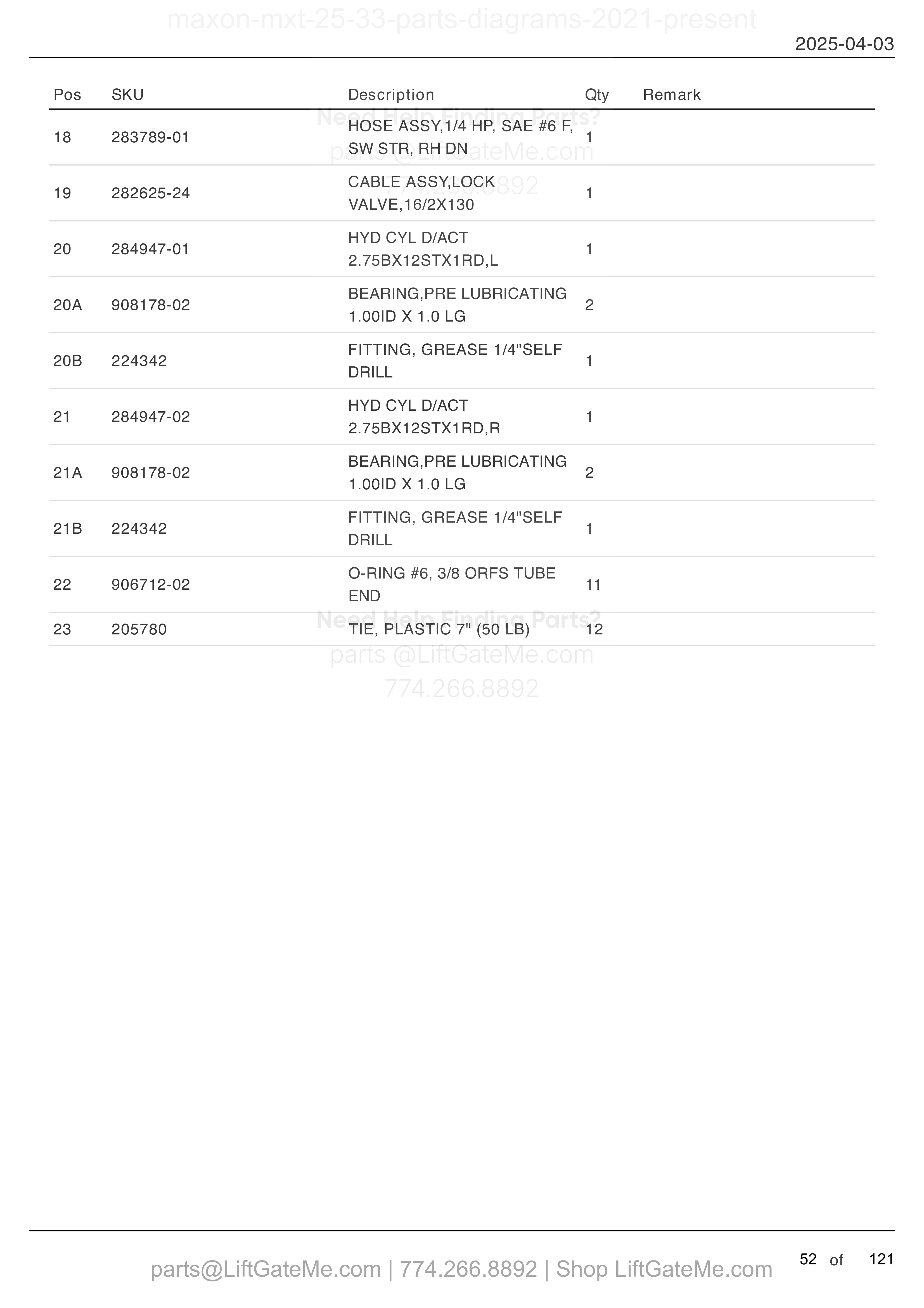 HYDRAULIC SYSTEMS (POWER DOWN) (continued) parts table