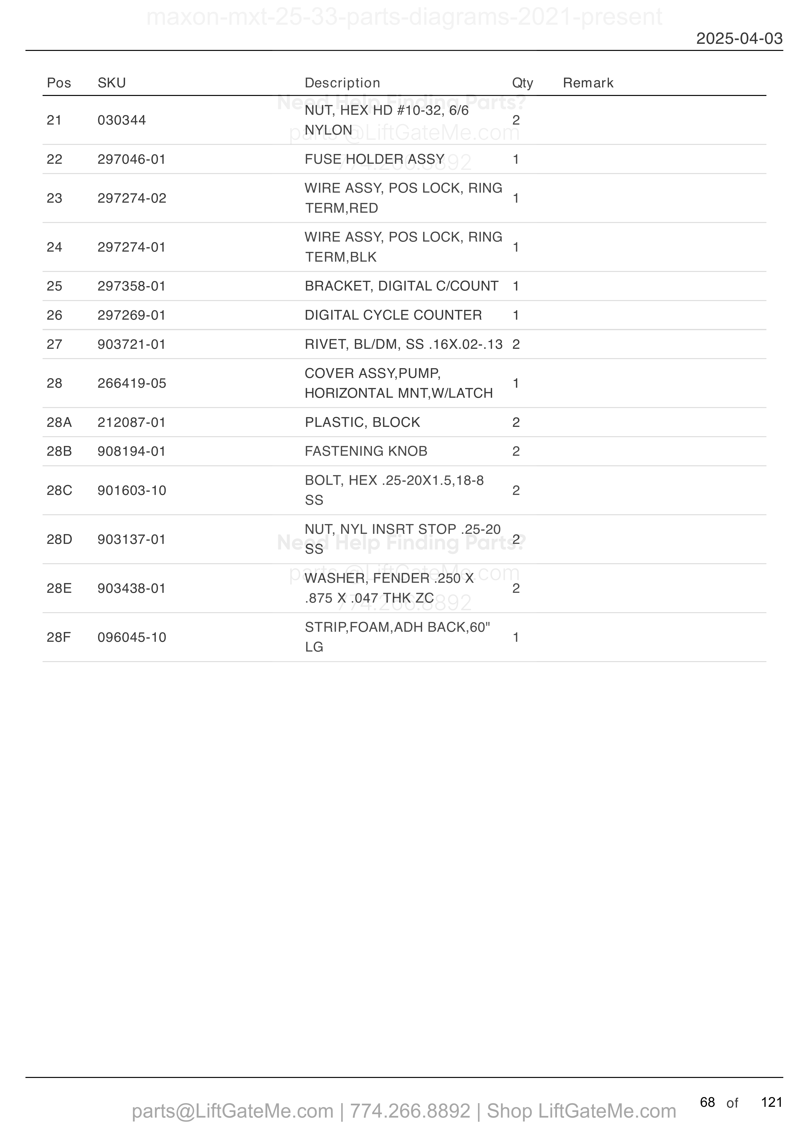 PUMP ASSEMBLY (POWER DOWN) (continued) parts table