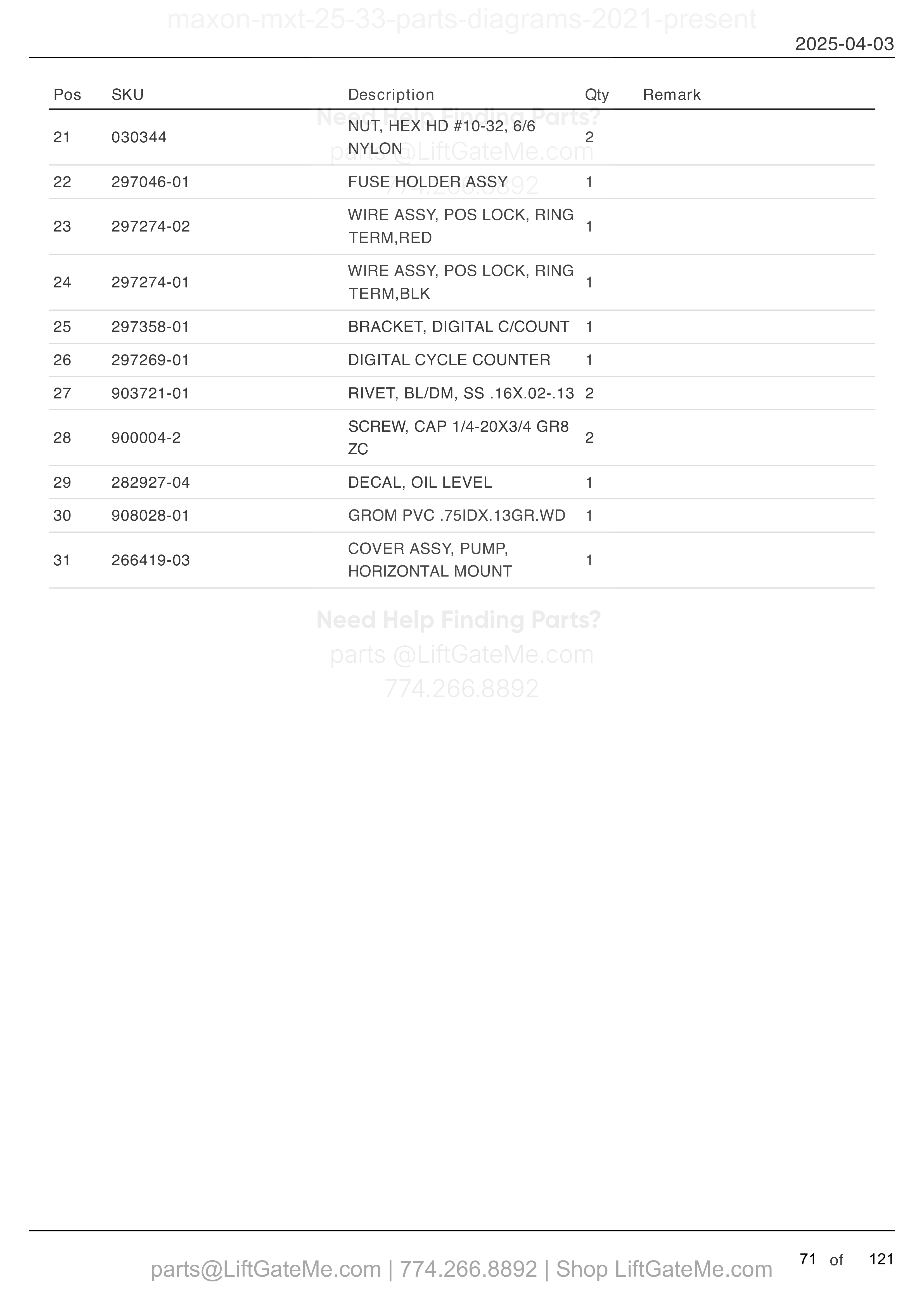 PUMP ASSEMBLY (POWER DOWN) (continued) parts table