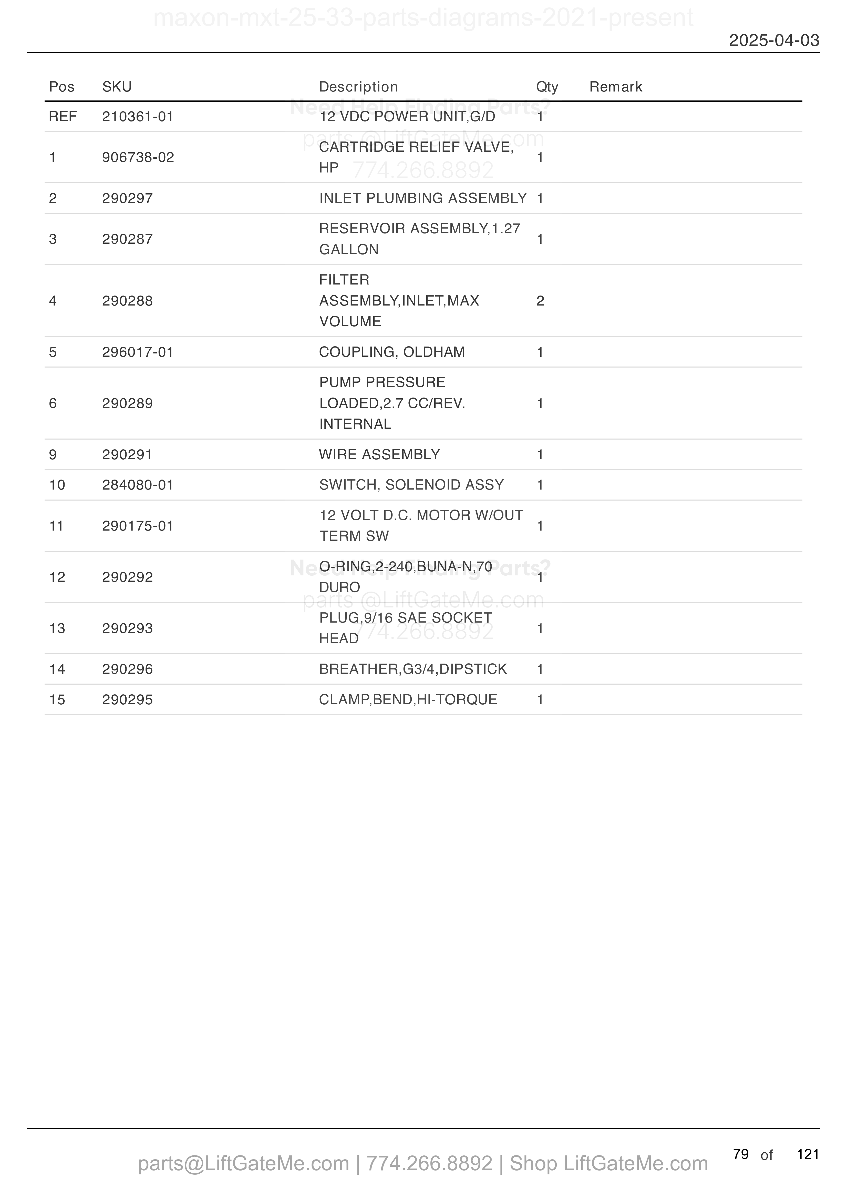 12 VDC POWER UNIT (GRAVITY DOWN) parts table
