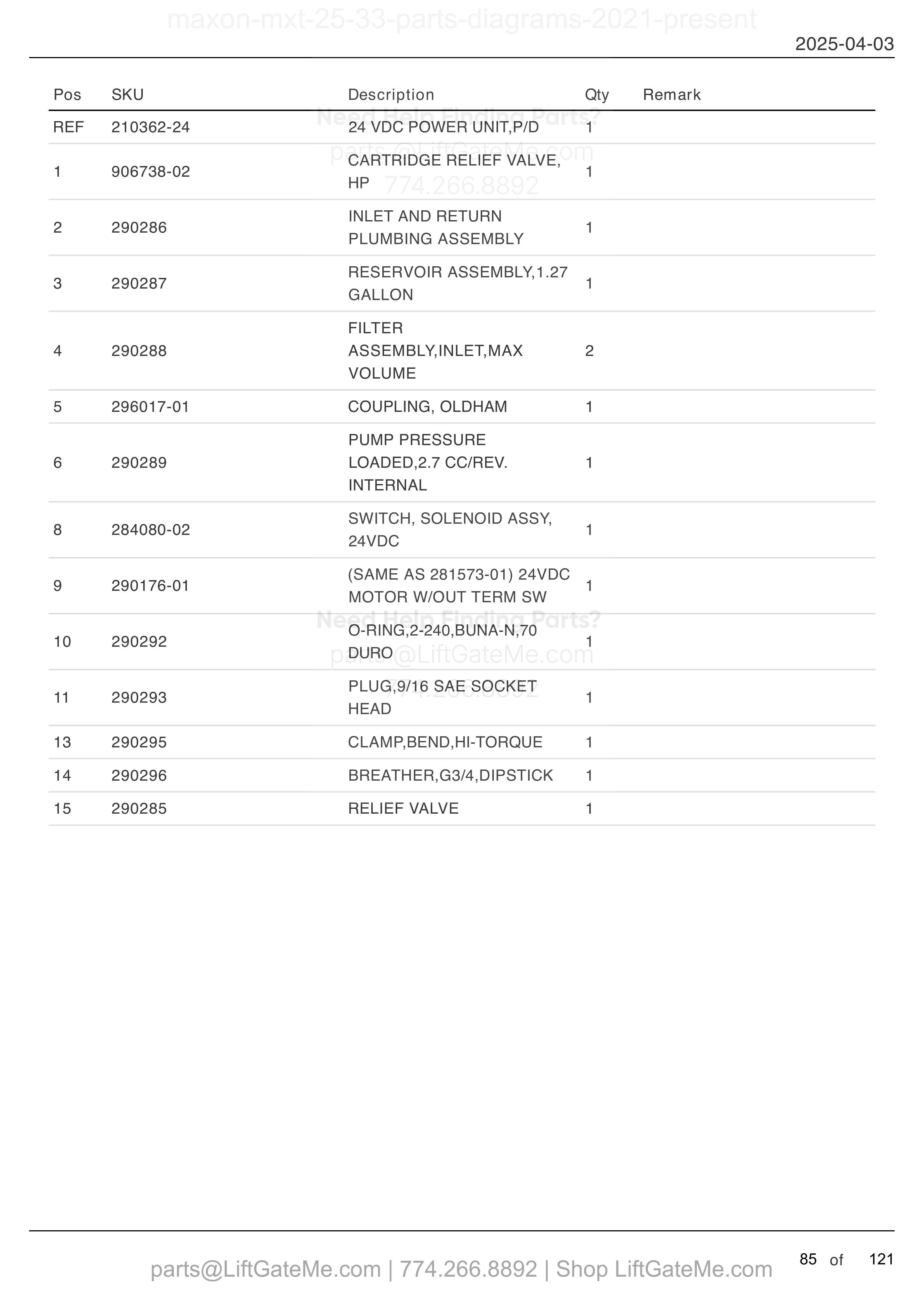 24 VDC POWER UNIT (POWER DOWN) parts table
