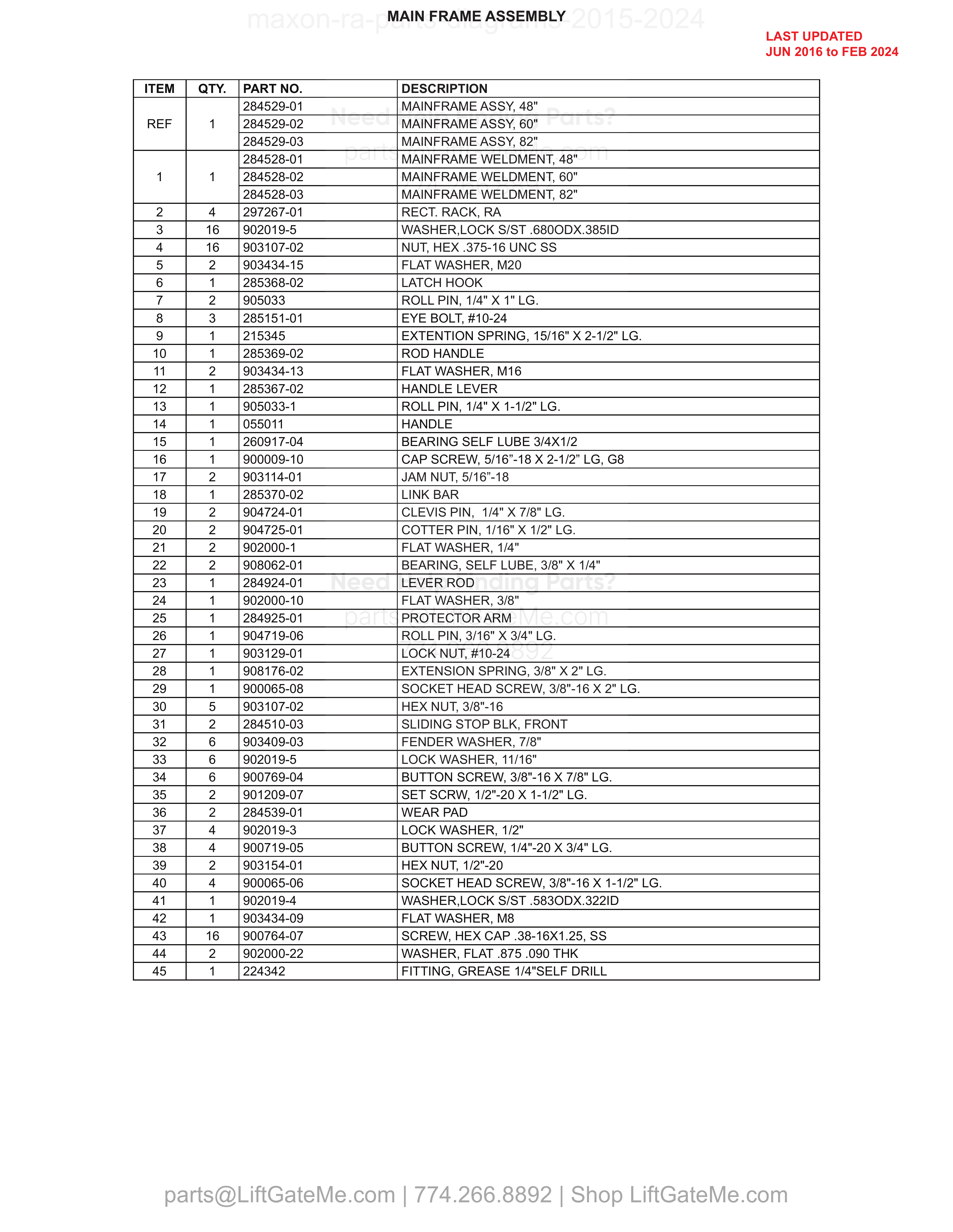 MAIN FRAME ASSEMBLY parts table