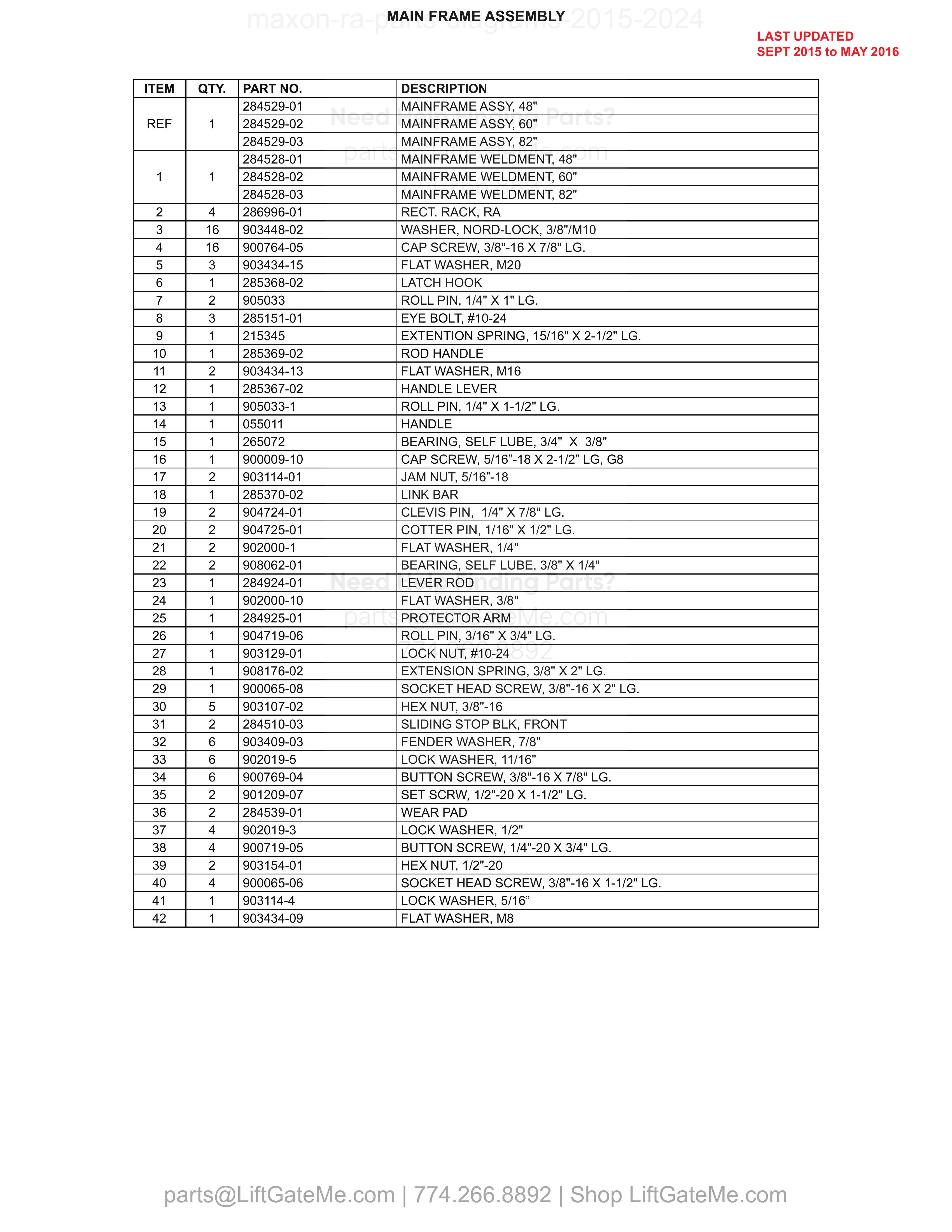 MAIN FRAME ASSEMBLY parts table