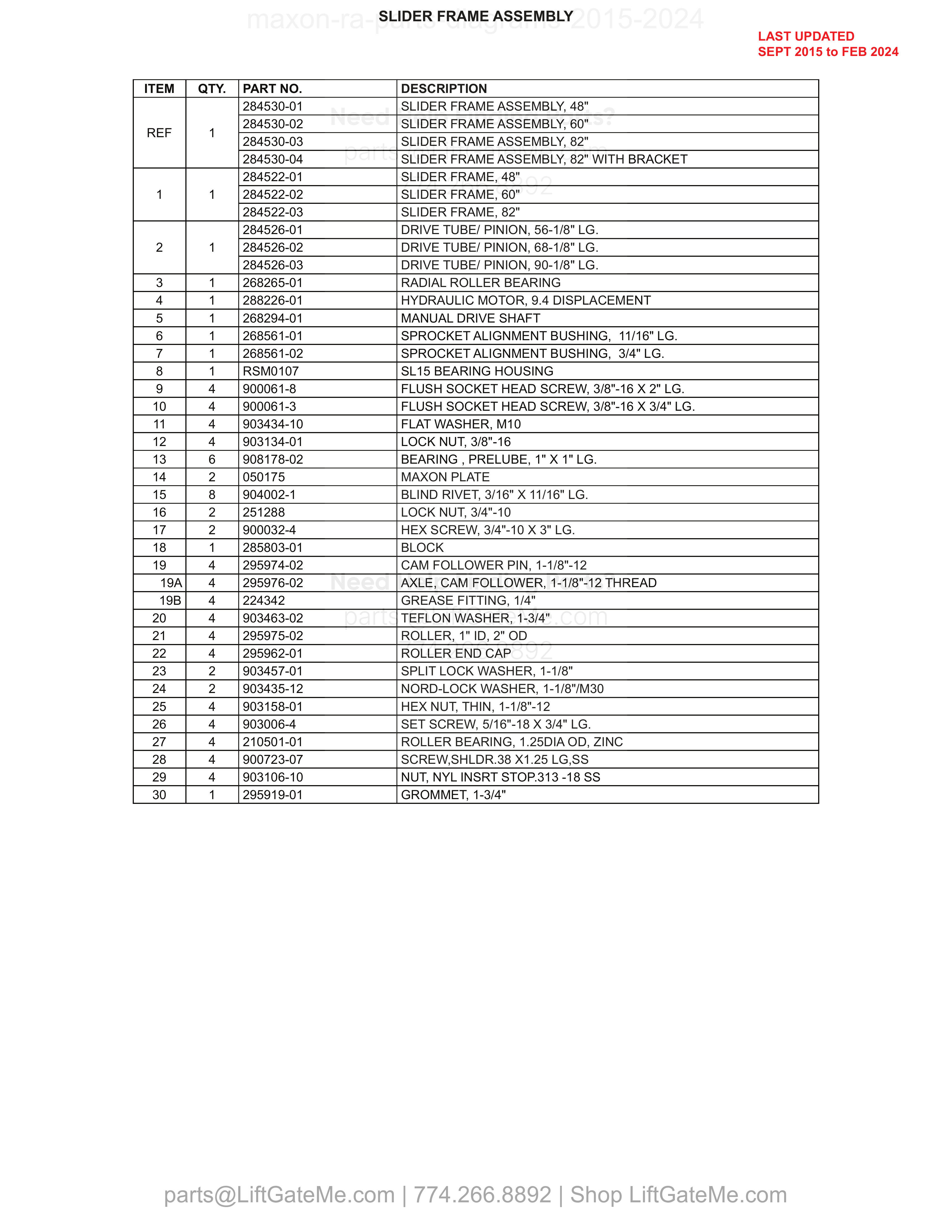 SLIDER FRAME ASSEMBLY parts table