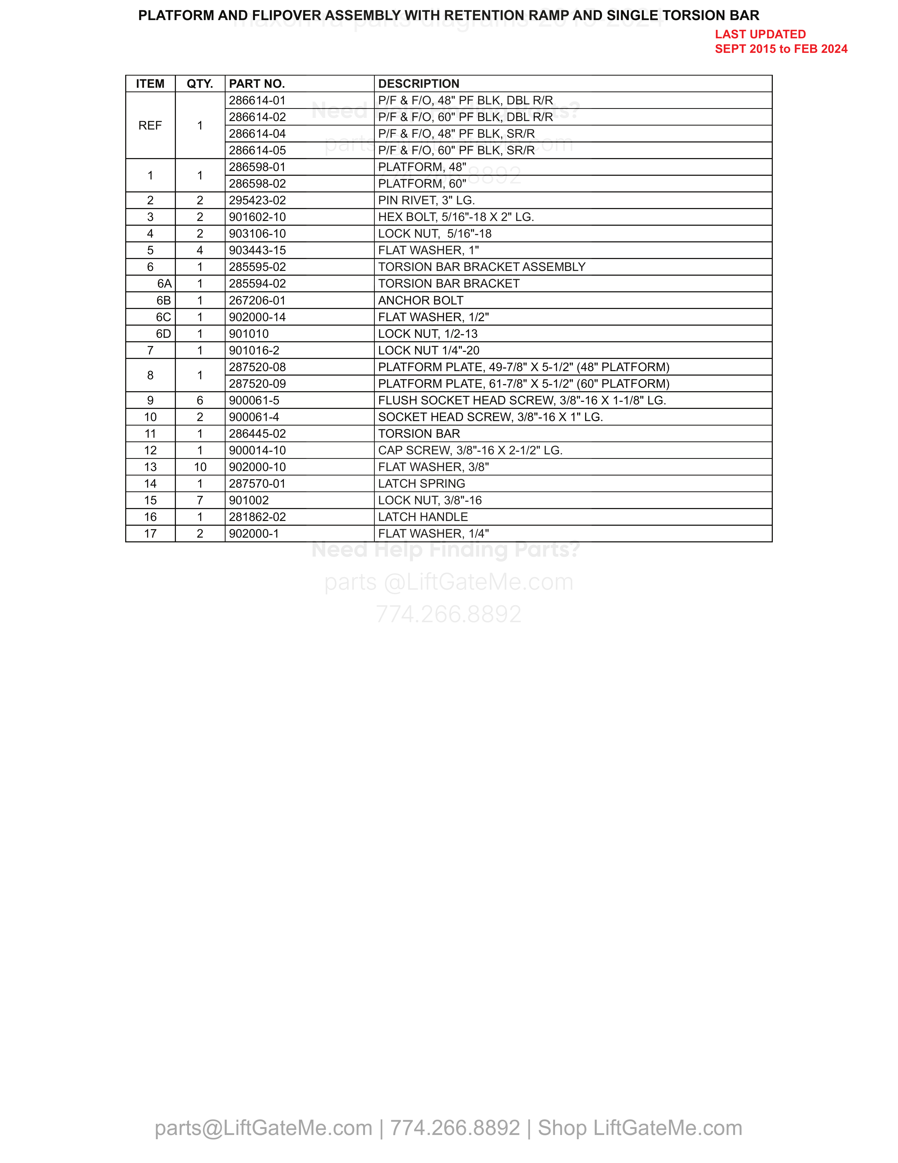 PLATFORM AND FLIPOVER ASSEMBLY WITH RETENTION RAMP AND SINGLE TORSION BAR parts table