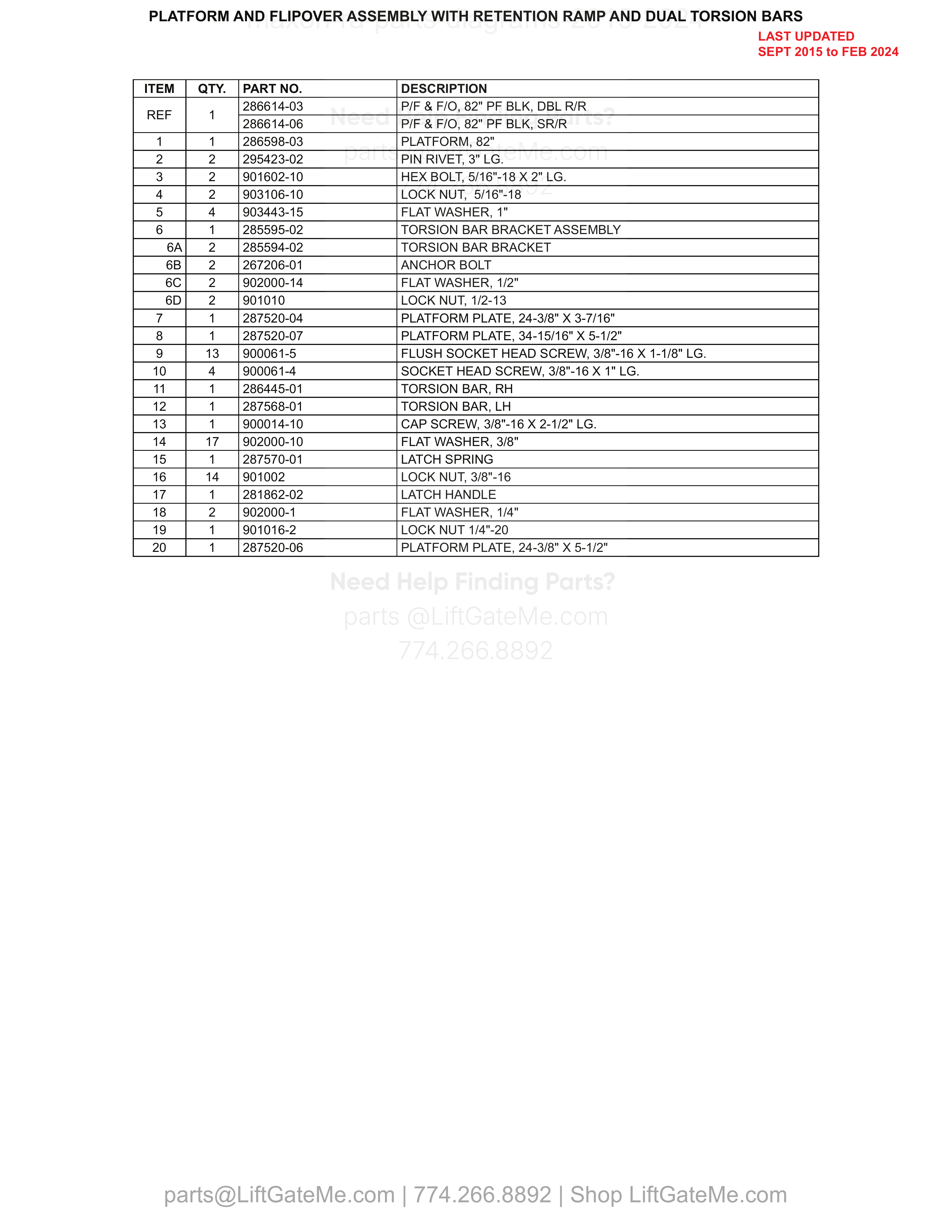 PLATFORM AND FLIPOVER ASSEMBLY WITH RETENTION RAMP AND DUAL TORSION BARS parts table