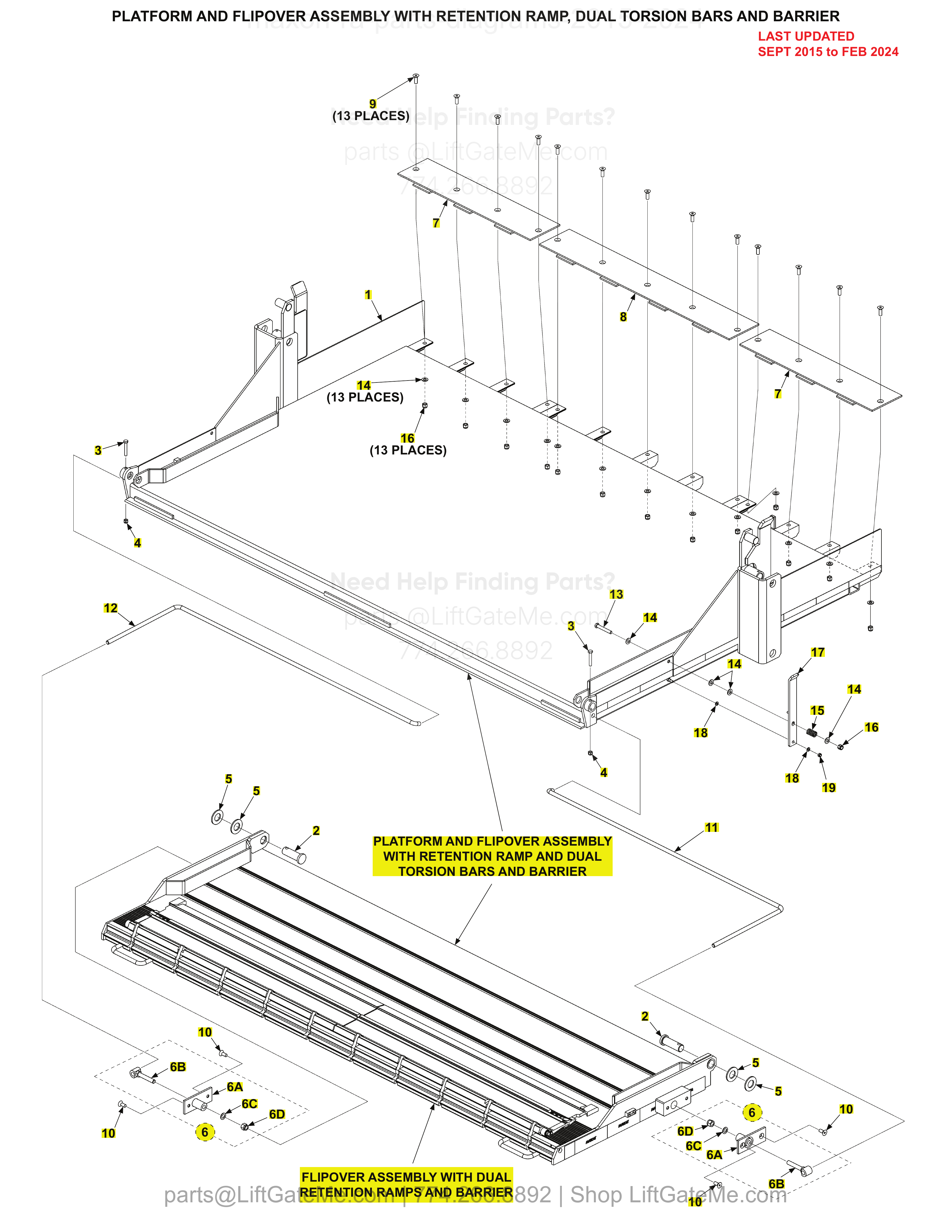 PLATFORM AND FLIPOVER ASSEMBLY WITH RETENTION RAMP, DUAL TORSION BARS AND BARRIER diagram
