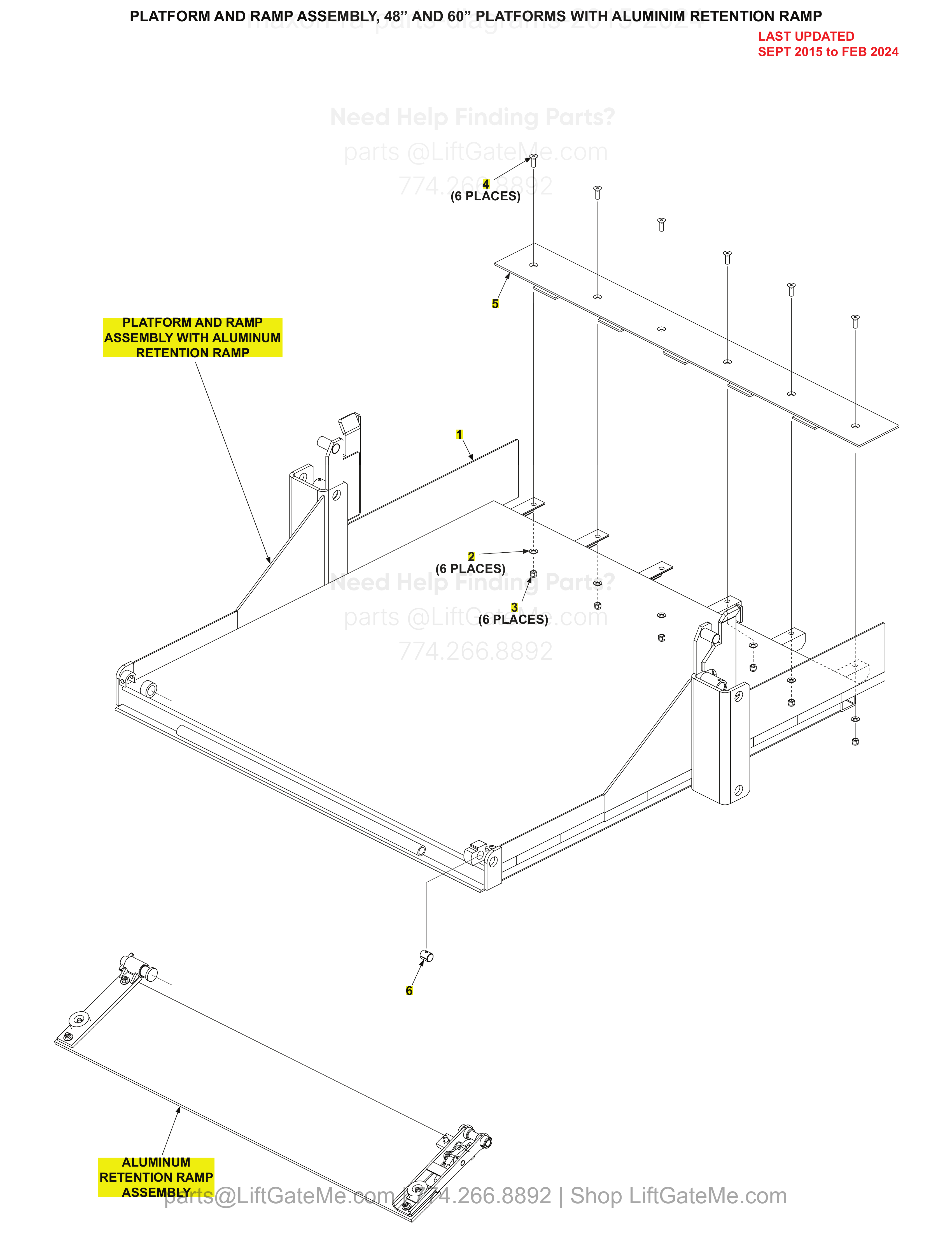PLATFORM AND RAMP ASSEMBLY, 48” AND 60” PLATFORMS WITH ALUMINIM RETENTION RAMP diagram
