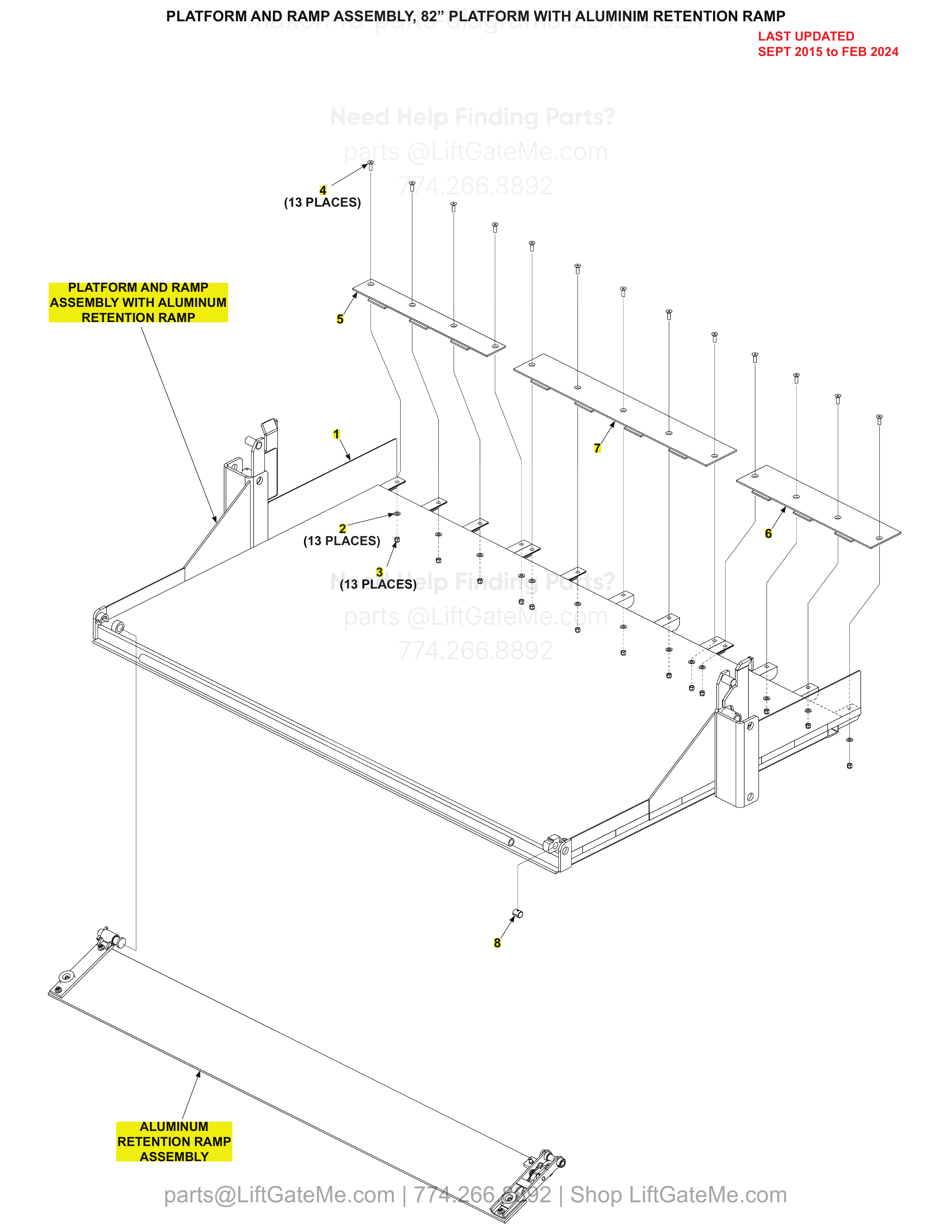 PLATFORM AND RAMP ASSEMBLY, 82” PLATFORM WITH ALUMINIM RETENTION RAMP diagram