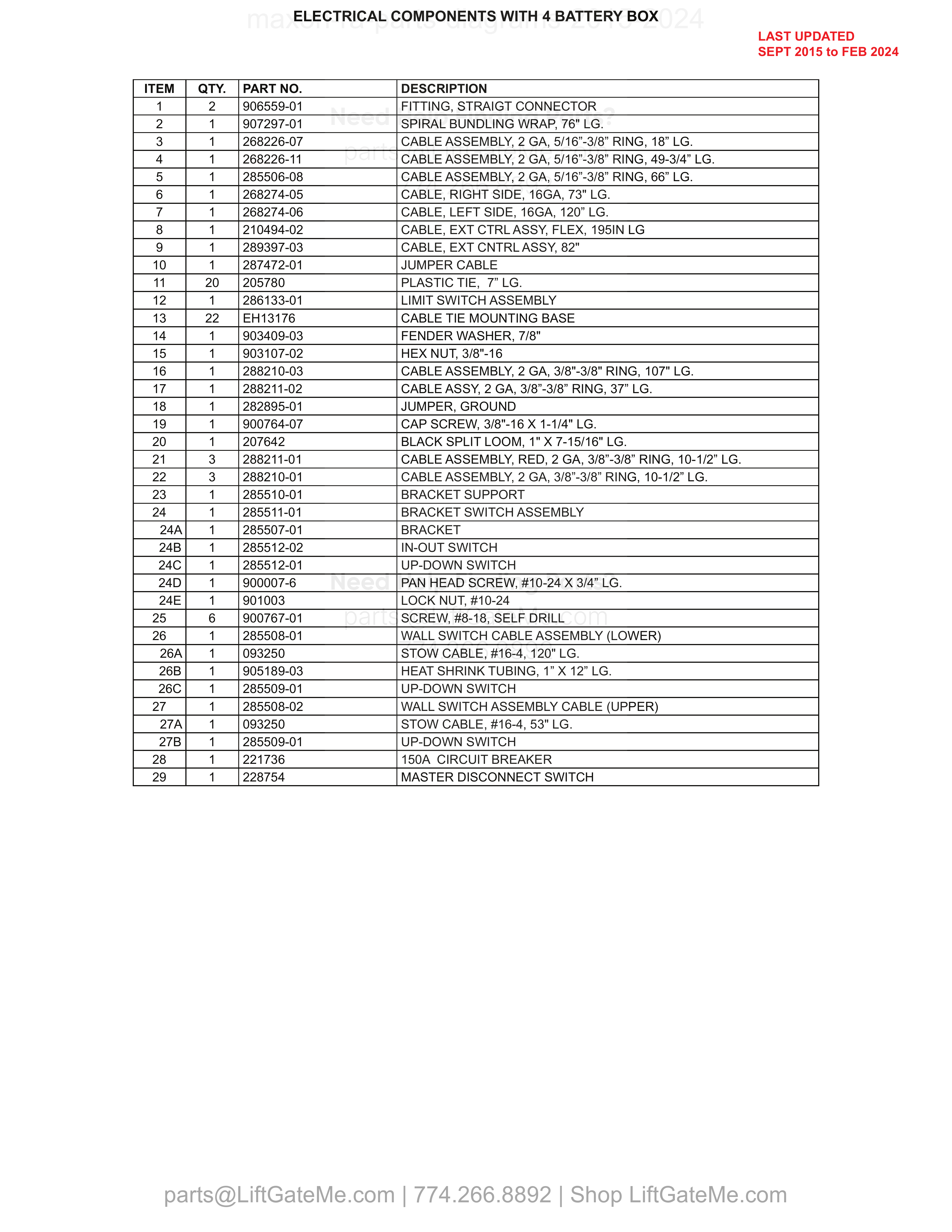Electrical Components with 4 Battery Box parts table